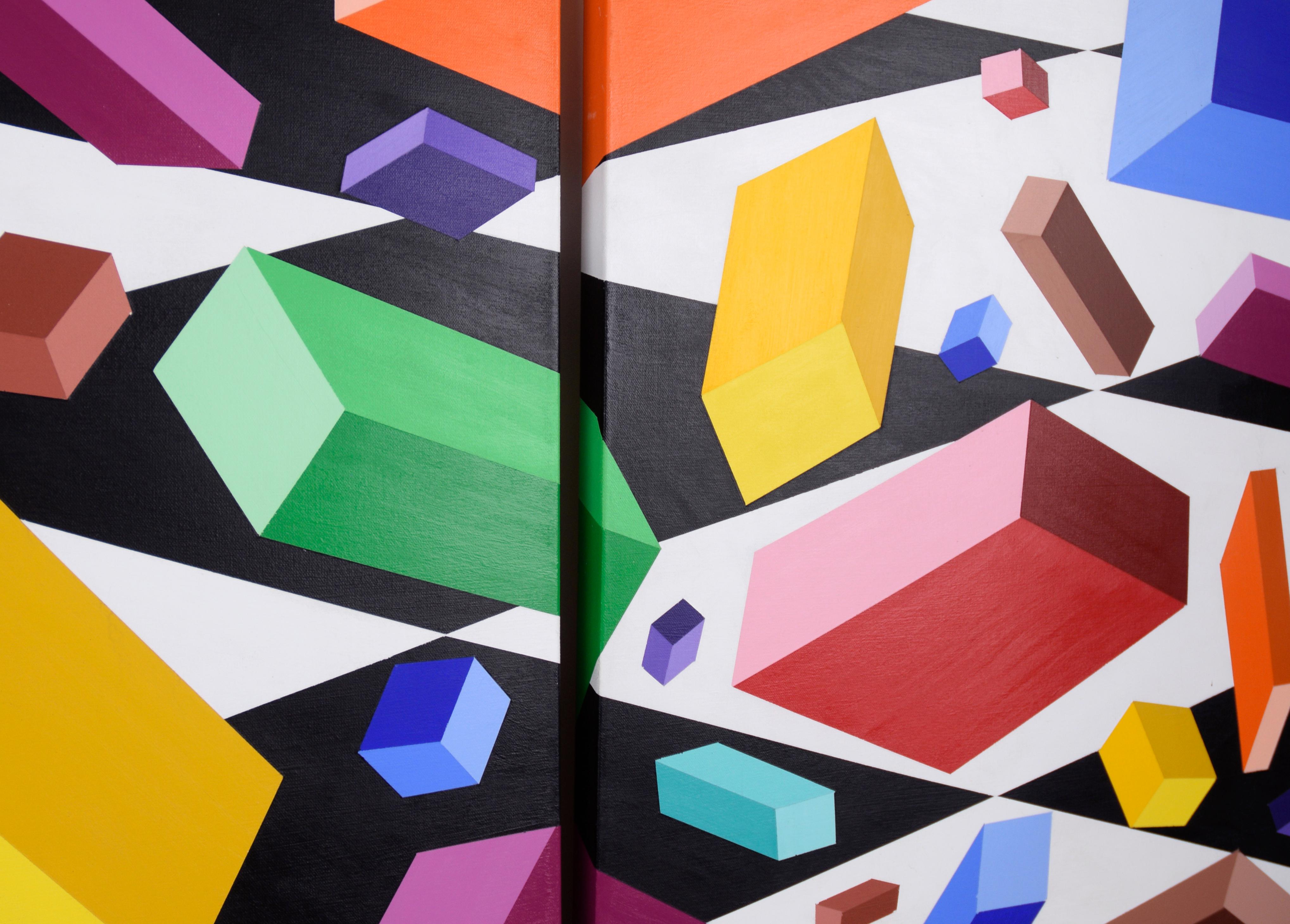 Pieces Falling into Place - Geometric Op-Art in Acrylic on Canvas (Triptych)

This geometric triptych by Ralph Berko (American, b. 1950) features vividly colored prisms suspended over a black-and-white ground, creating the illusion of three