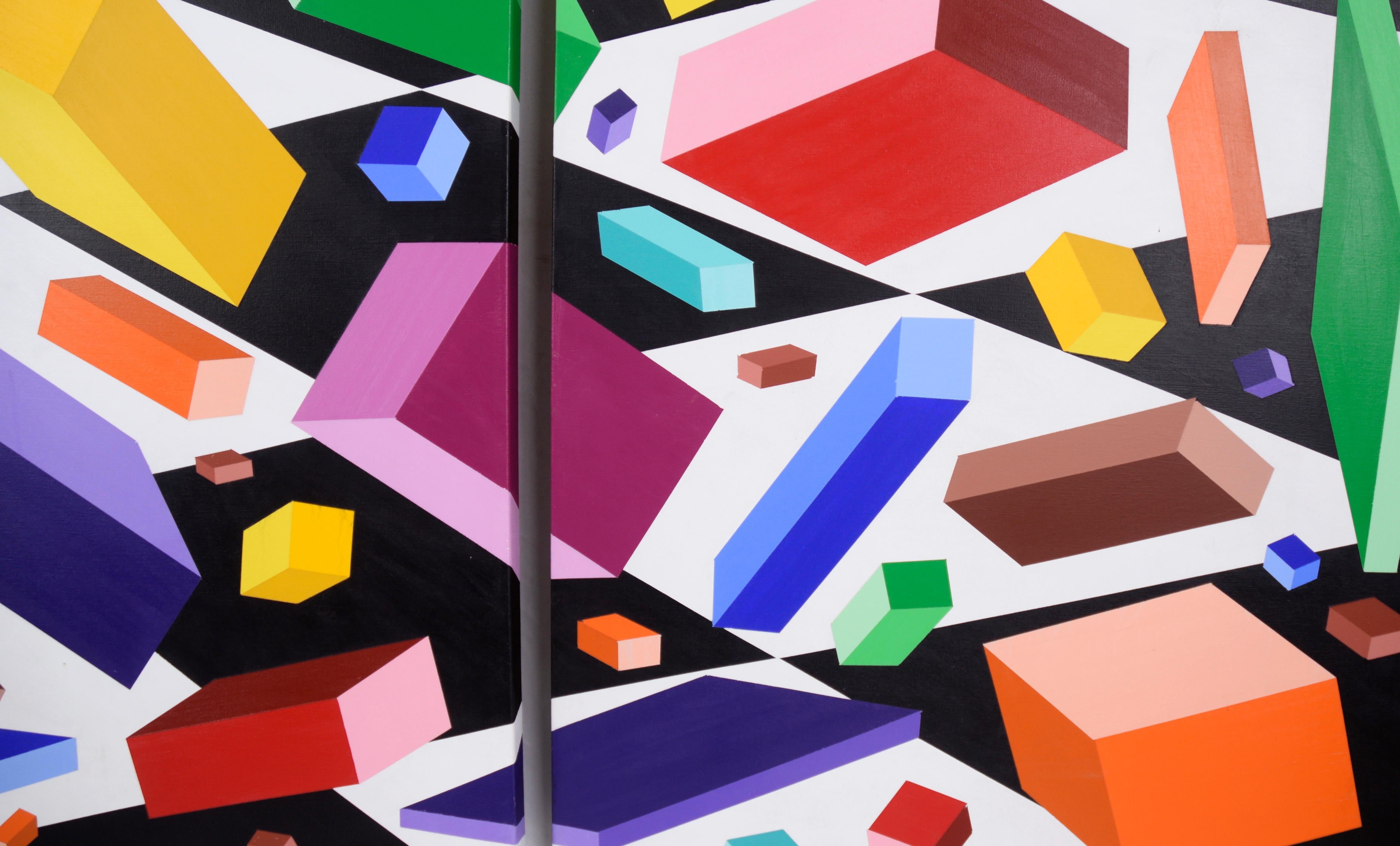 Pieces Falling into Place - Geometric Op-Art in Acrylic on Canvas (Triptych) For Sale 1