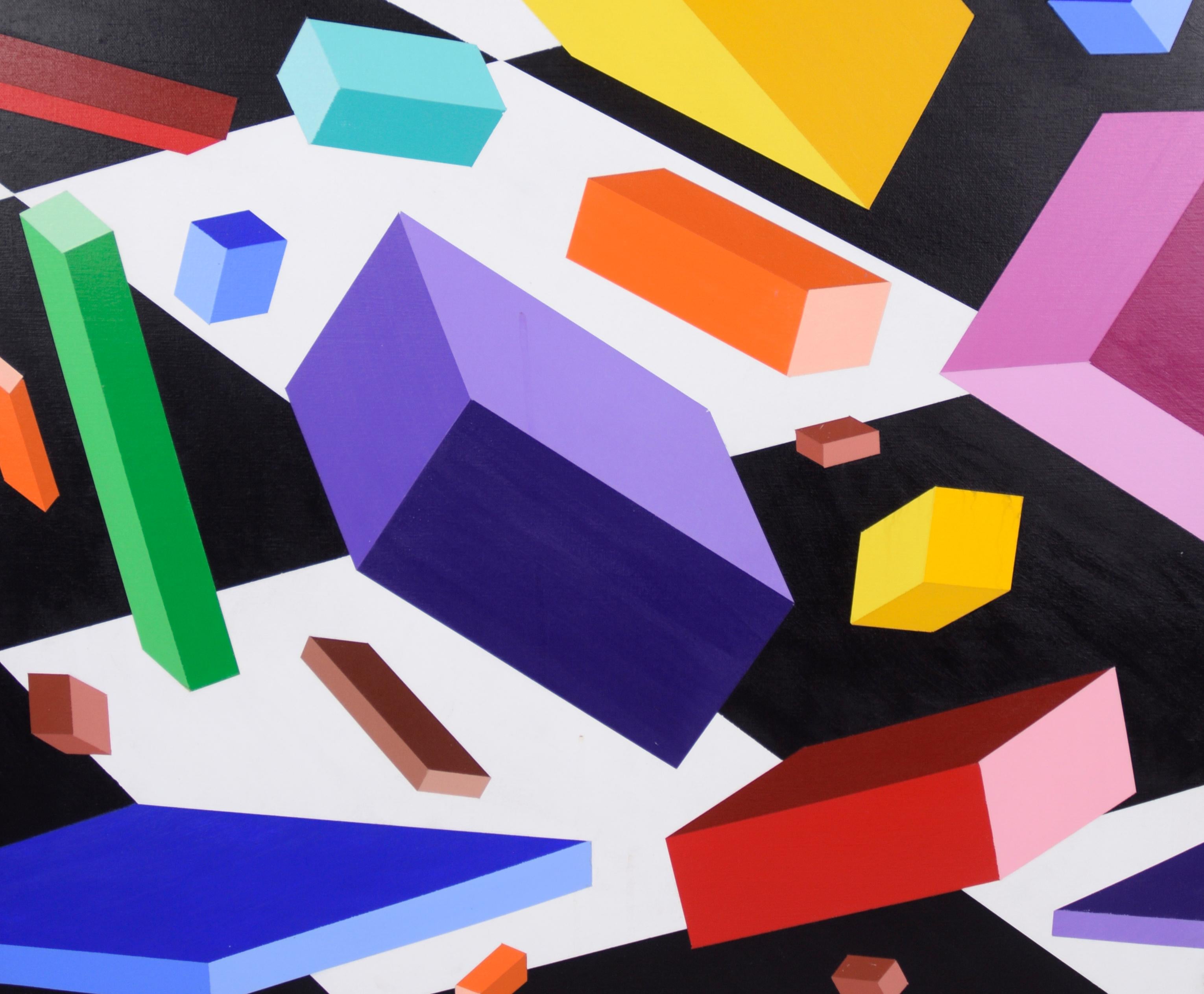 Pieces Falling into Place - Geometric Op-Art in Acrylic on Canvas (Triptych) For Sale 2