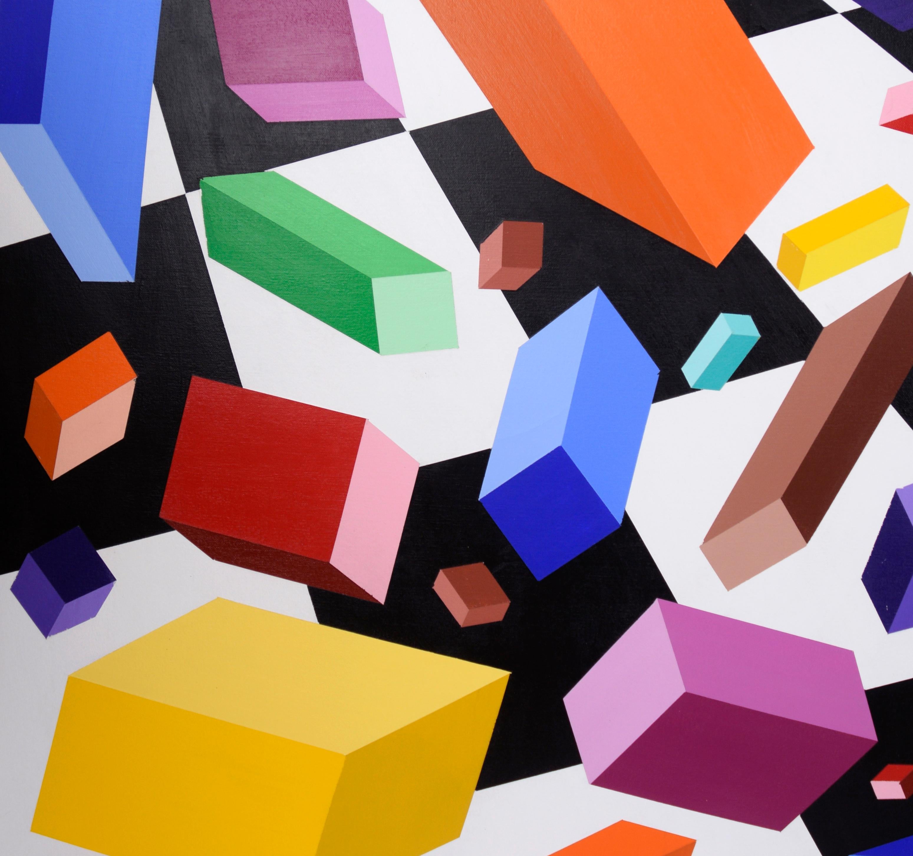 Pieces Falling into Place - Geometric Op-Art in Acrylic on Canvas (Triptych) For Sale 3