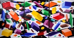 Pieces Falling into Place - Geometric Op-Art in Acrylic on Canvas (Triptych)