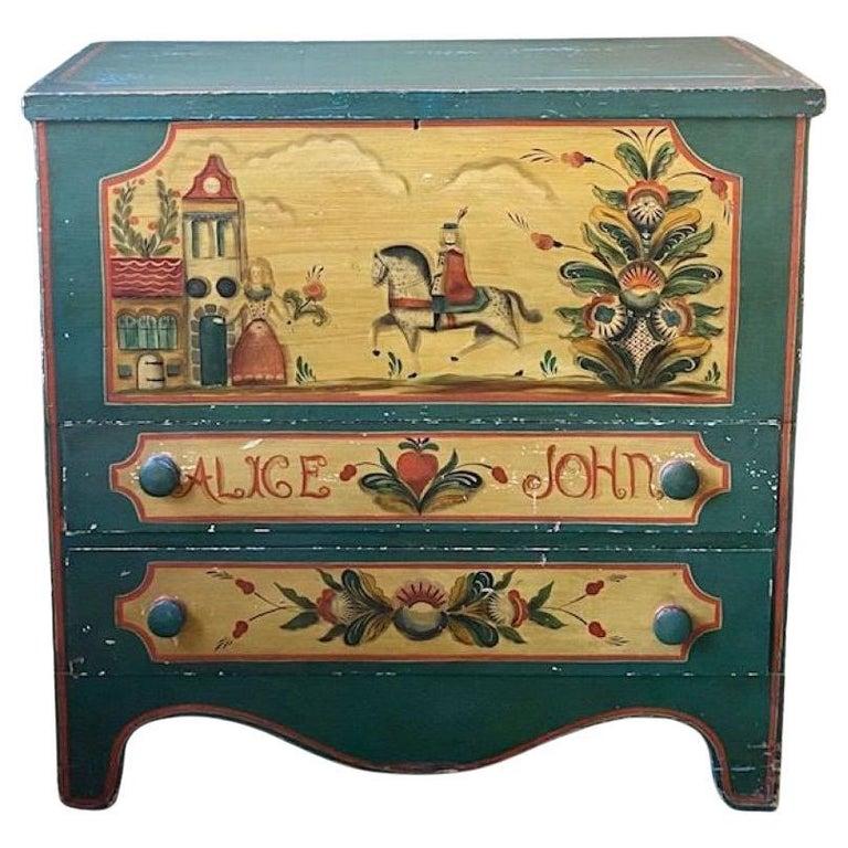 1930's Ralph Cahoon Decorated Pine Blanket Chest with Family & Museum Provenance In Good Condition For Sale In Nantucket, MA