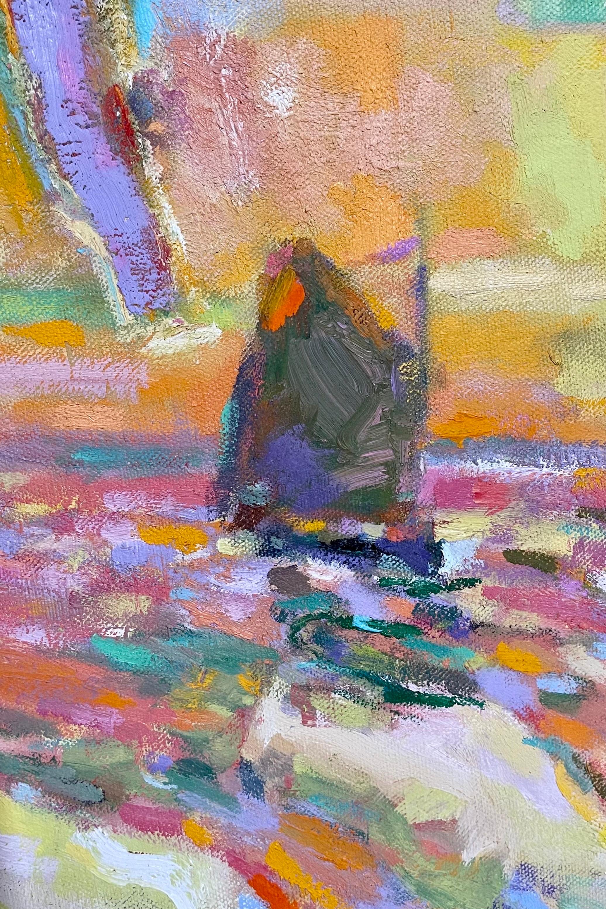 Peinture à l'huile abstraite moderniste de paysage marin avec coucher de soleil sur un bateau Ralph Della Volpe en vente 3