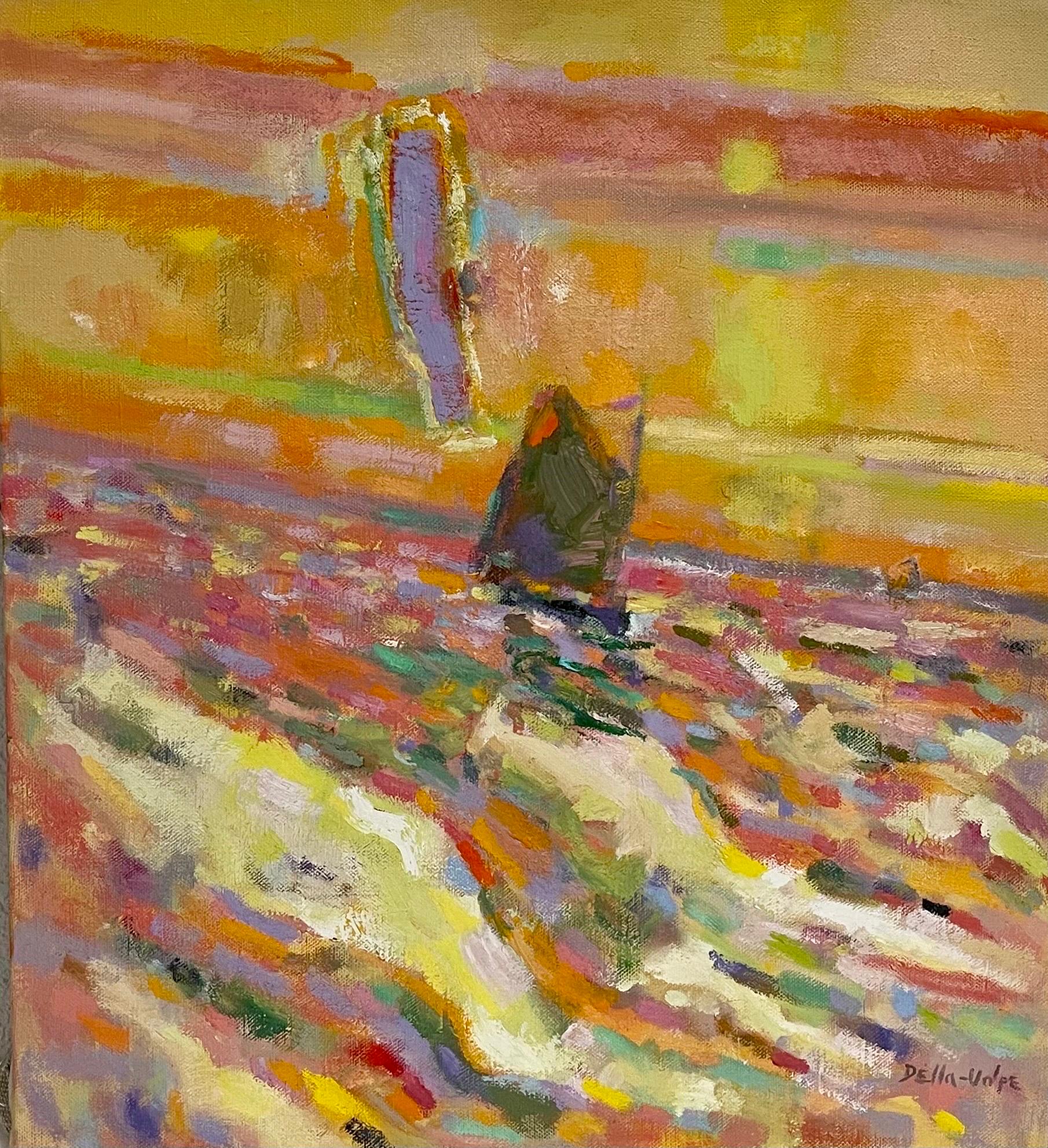 Modernist Abstract Oil Painting Marine Seascape Sunset w Boat Ralph Della Volpe For Sale 4