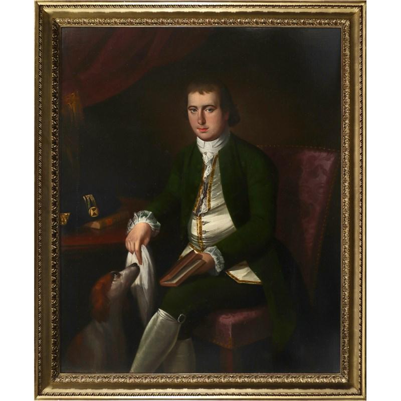 Huge 18th Century American Oil Portrait Gentleman in his Study with Spaniel Dog - Painting by Ralph Earl