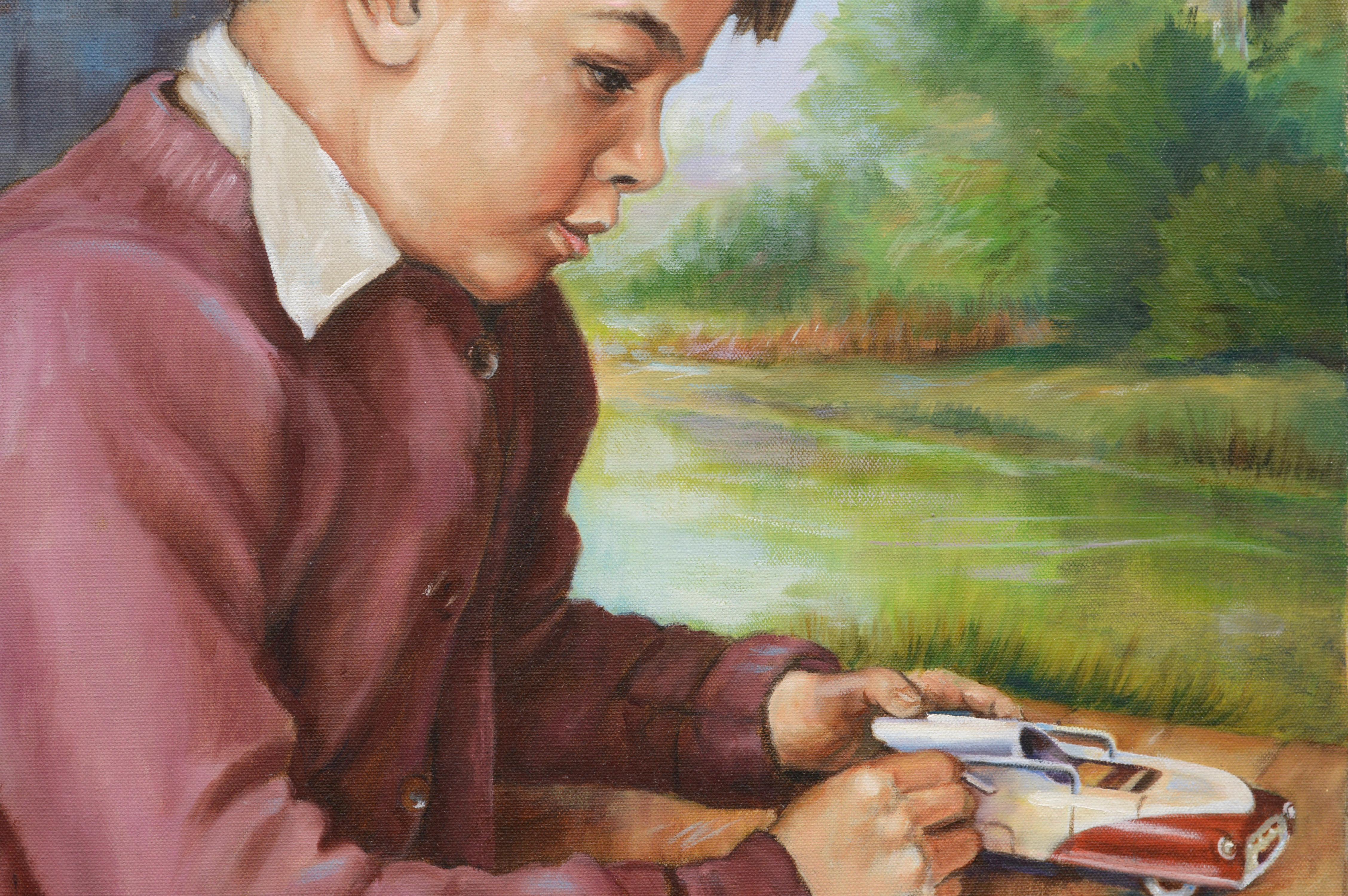 Ritratto figurativo di un ragazzo con auto giocattolo, metà del secolo scorso - Portrait Painting Grigio di Ralph Edward Joosten
