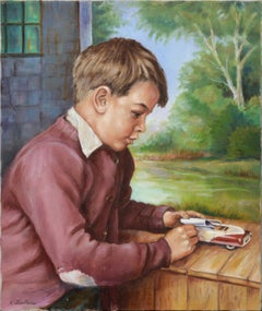 Vintage Mid Century Figurative Portrait of a Boy with Toy Car