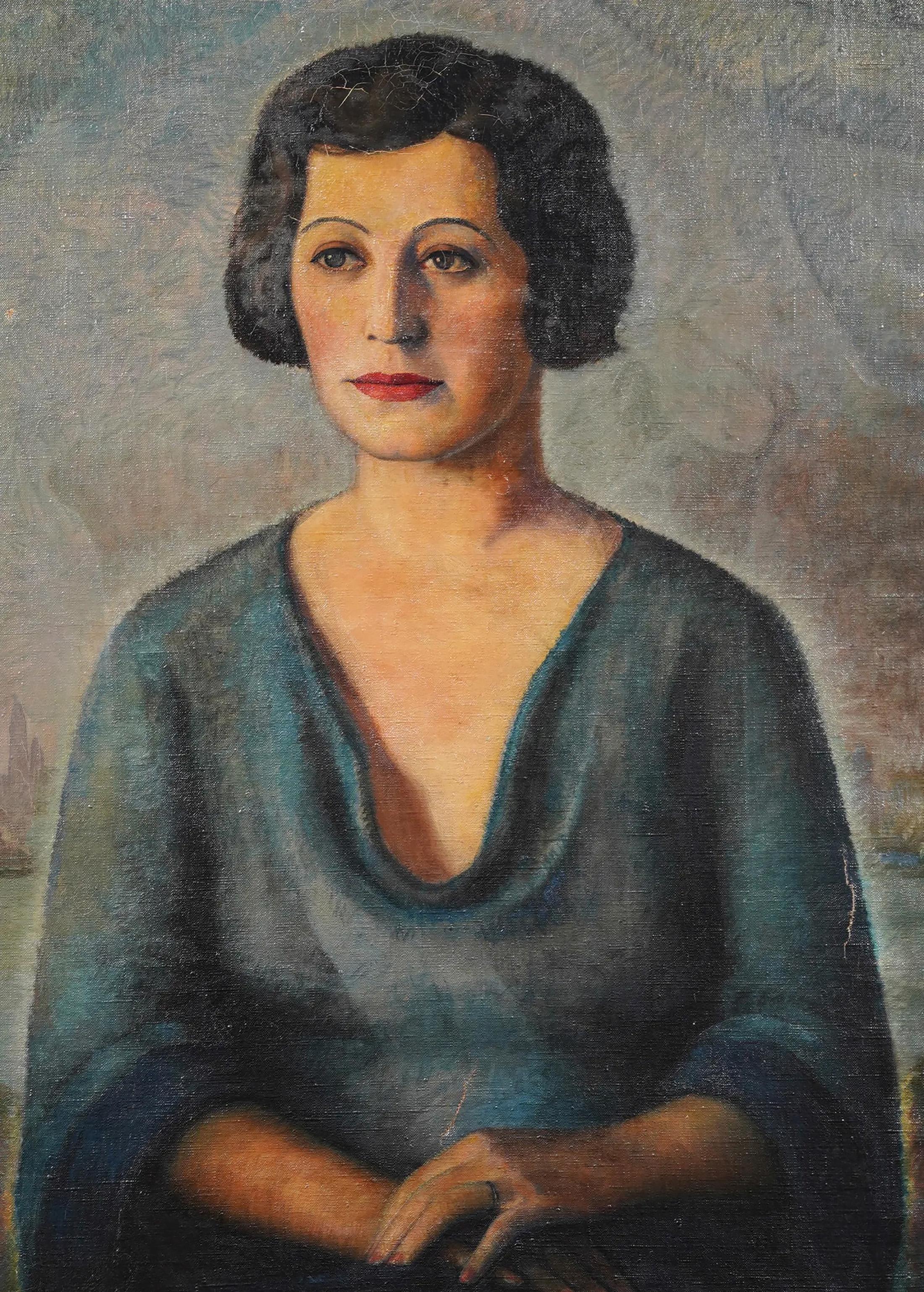 Antique American Art Deco Modernist New York Cityscape And Portrait Oil Painting 1