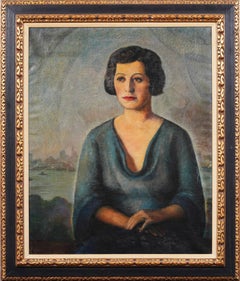 Antique American Art Deco Modernist New York Cityscape And Portrait Oil Painting