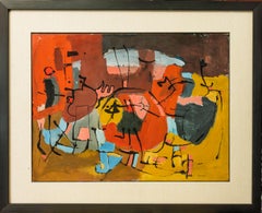 "Abstract Interior" Expressionistic Painting Red Gold Umber Ochre Blue Orange