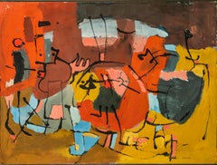 "Abstract Interior" Expressionistic Painting Red Gold Umber Ochre Blue Orange