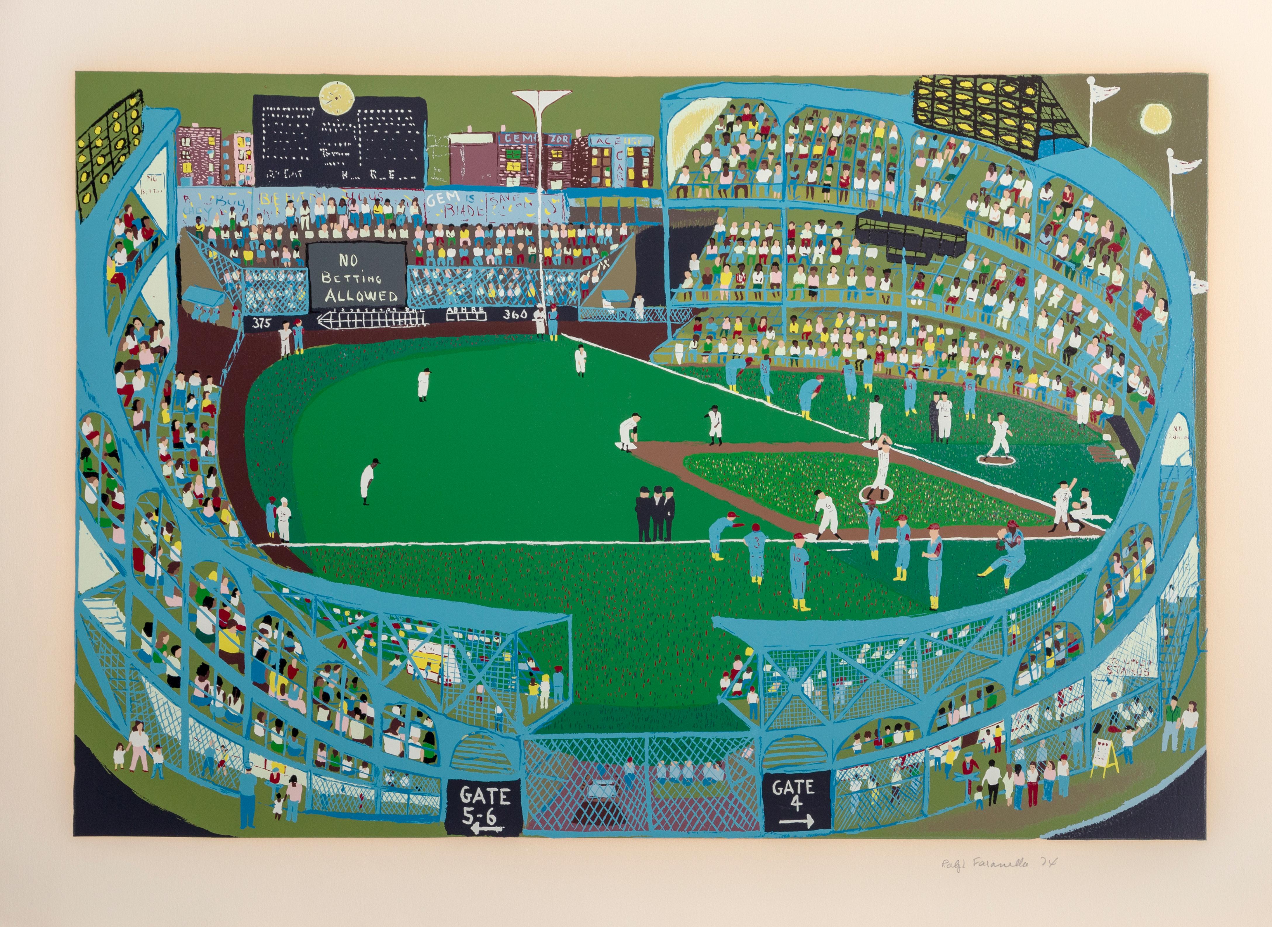 Artist: Ralph Fasanella, American (1914 - 1997)
Title: Ball Park
Year: 1974
Medium: Screenprint on Arches Paper, signed and numbered in pencil
Edition: 250
Image: 25 x 37 inches
Size: 31 in. x 43 in. (78.74 cm x 109.22 cm)