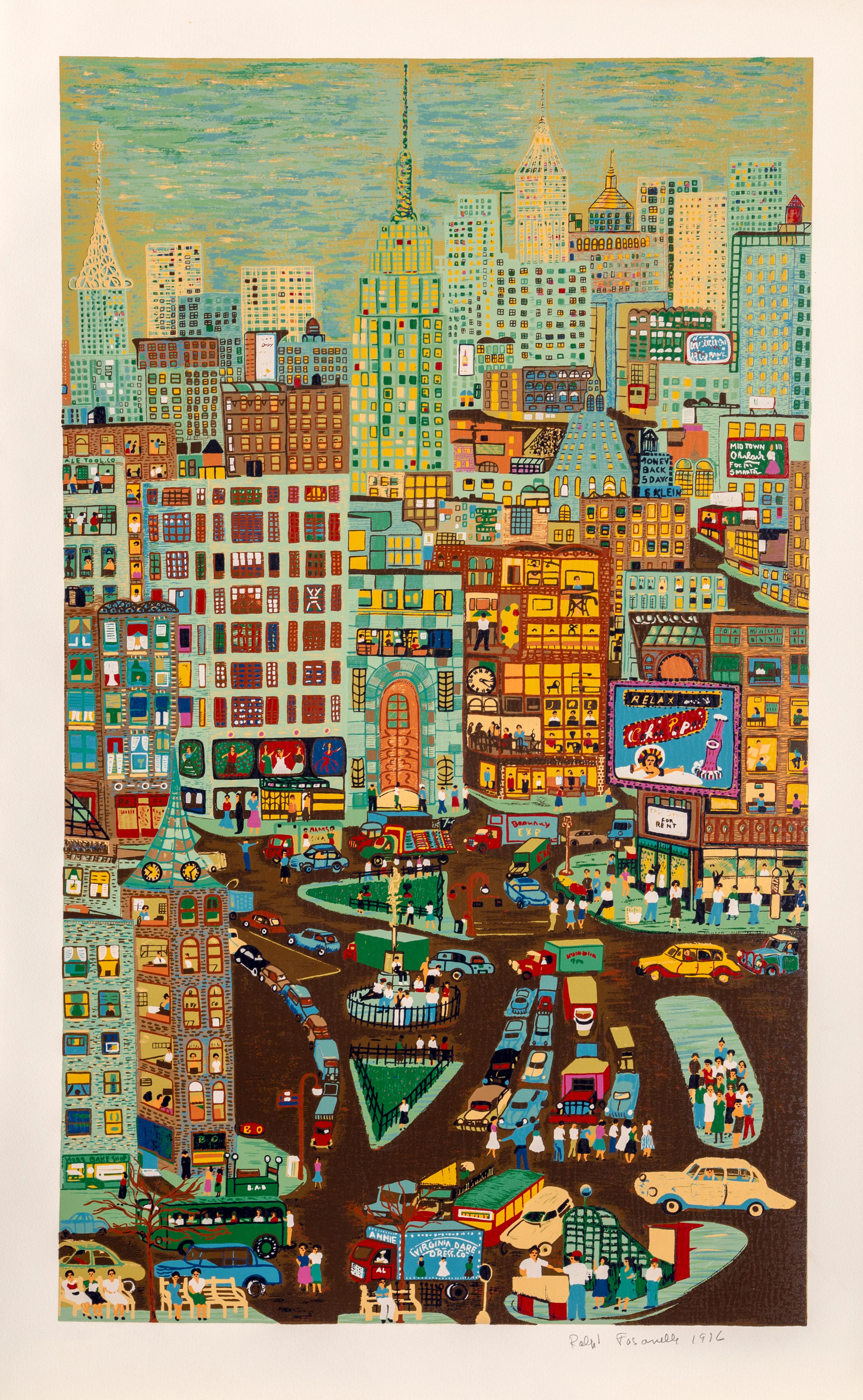 Artist: Ralph Fasanella, American (1914 - 1997)
Title: Empire State
Year: 1974
Medium: Screenprint on Arches Paper, signed and numbered in pencil
Edition: 300
Image: 40 x 24 inches
Size: 45 in. x 28 in. (114.3 cm x 71.12 cm)