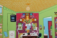 Cena in famiglia, serigrafia folkloristica colorata di Ralph Fasanella