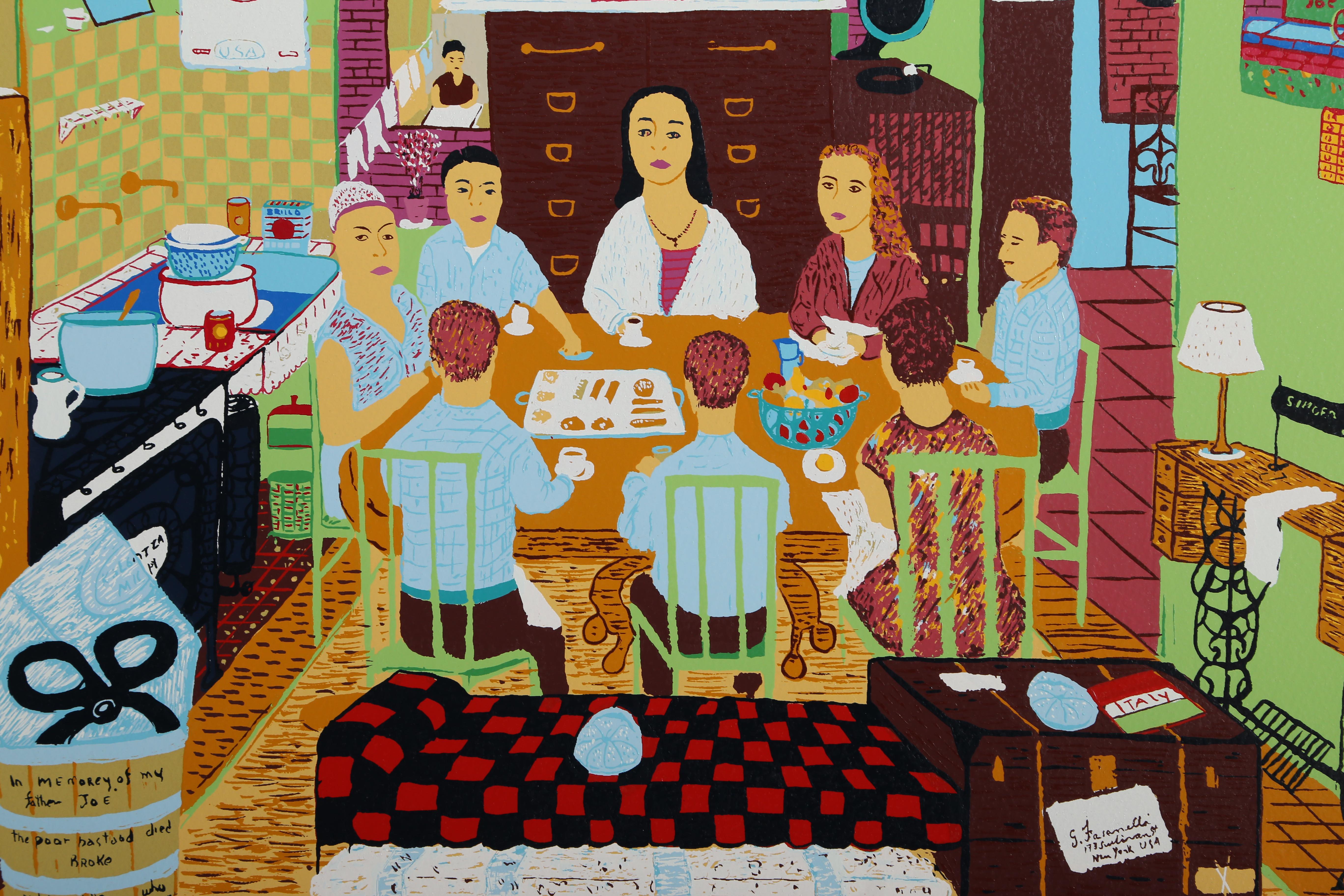 Artist: Ralph Fasanella, American (1914 - 1997)
Title: Family Supper
Year: 1974
Medium: Screenprint on Arches Paper, signed in pencil
Edition: 250, AP 25
Size: 41 in. x 31 in. (104.14 cm x 78.74 cm)