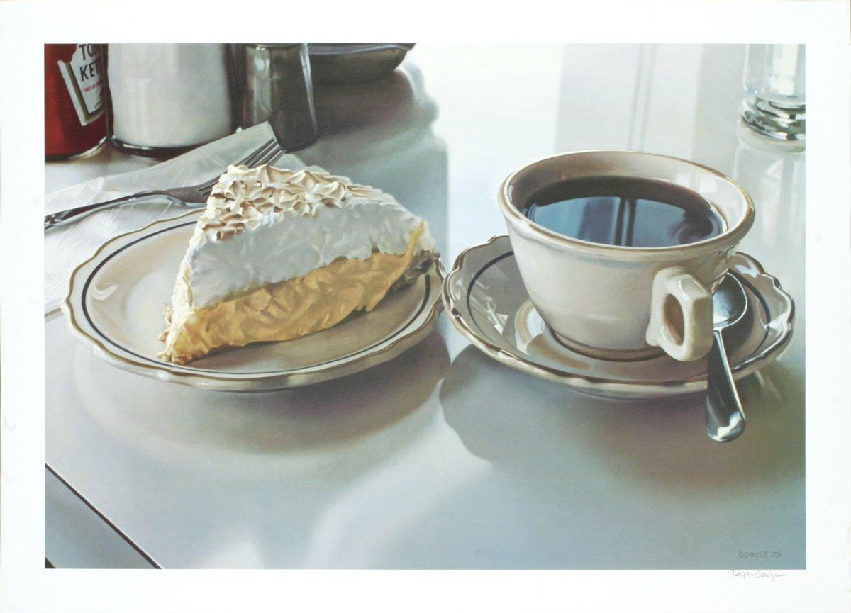 “Cream Pie” by Ralph Goings is a 1987 offset lithograph from an edition of 500. Goings (1928–2016) was a leading figure in the Photorealism movement that redefined American painting in the late 1960s and ’70s. Known for his meticulously rendered