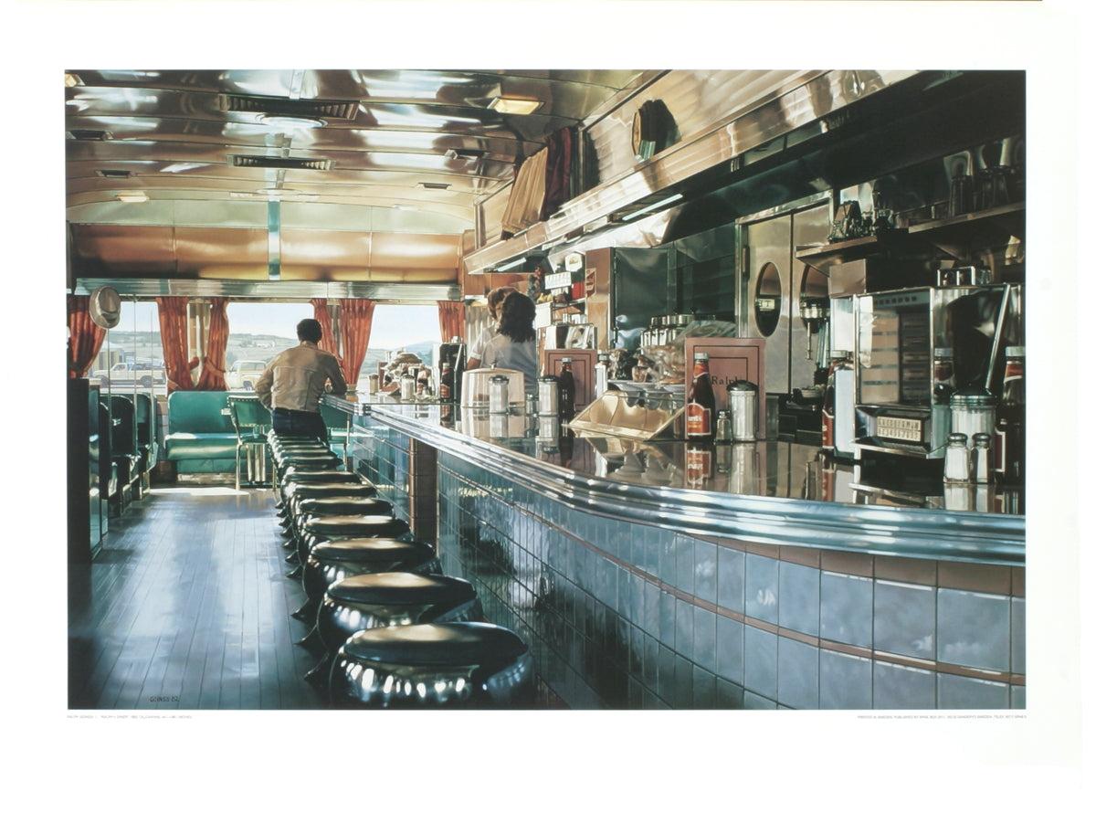 This reproduction of Ralph’s Diner by Ralph Goings, published in 1975 by OK Harris, beautifully captures the essence of American roadside diners. Goings, known for his photorealistic style, brings a nostalgic charm to this iconic subject,