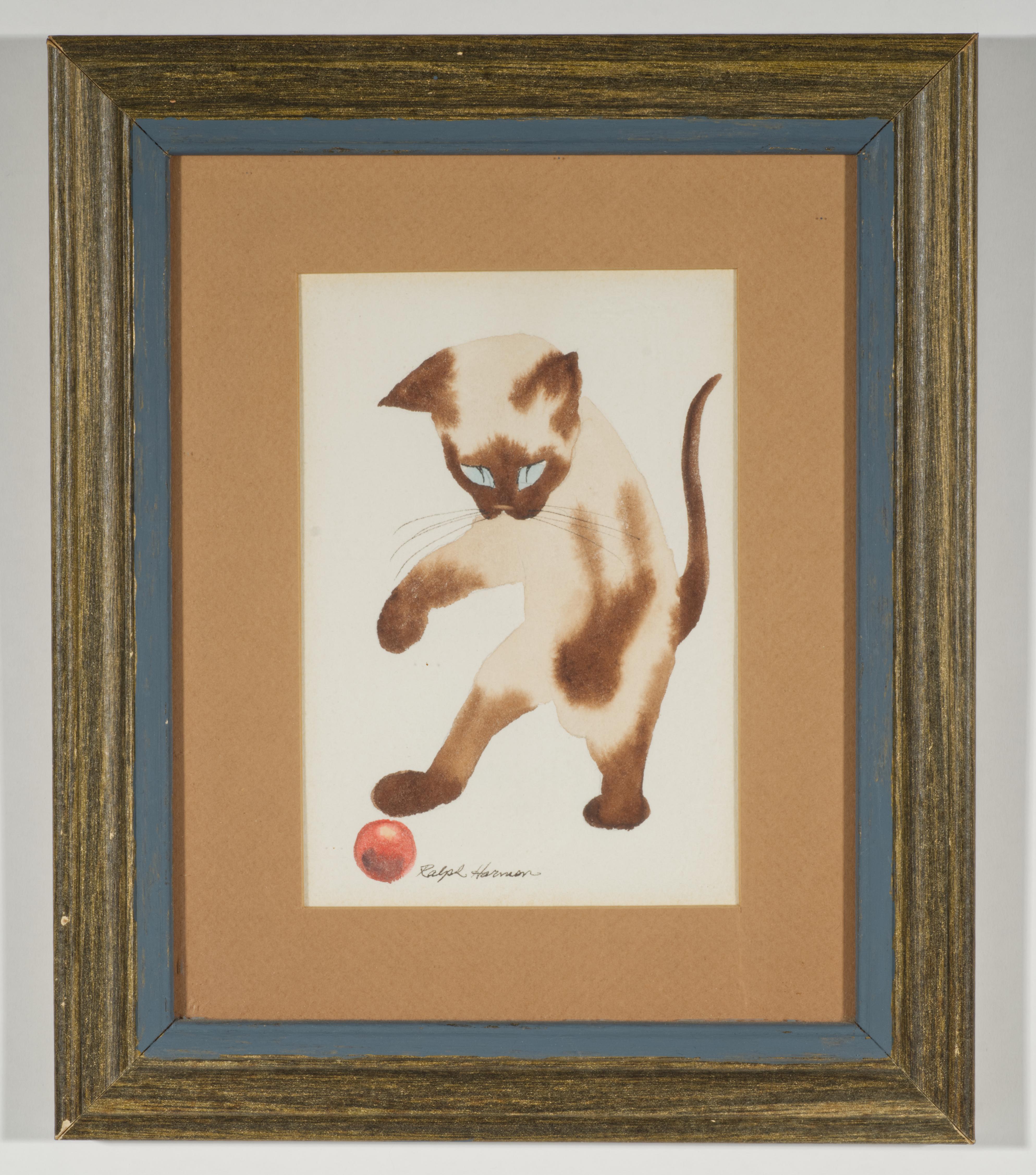  The vintage original watercolor on heavy pressed watercolor paper depicts Siamese cat or kitten playing with a red ball. The artwork by the listed artist Ralph Harmon is a part of his series of Siamese cat paintings; the artist's signature is in