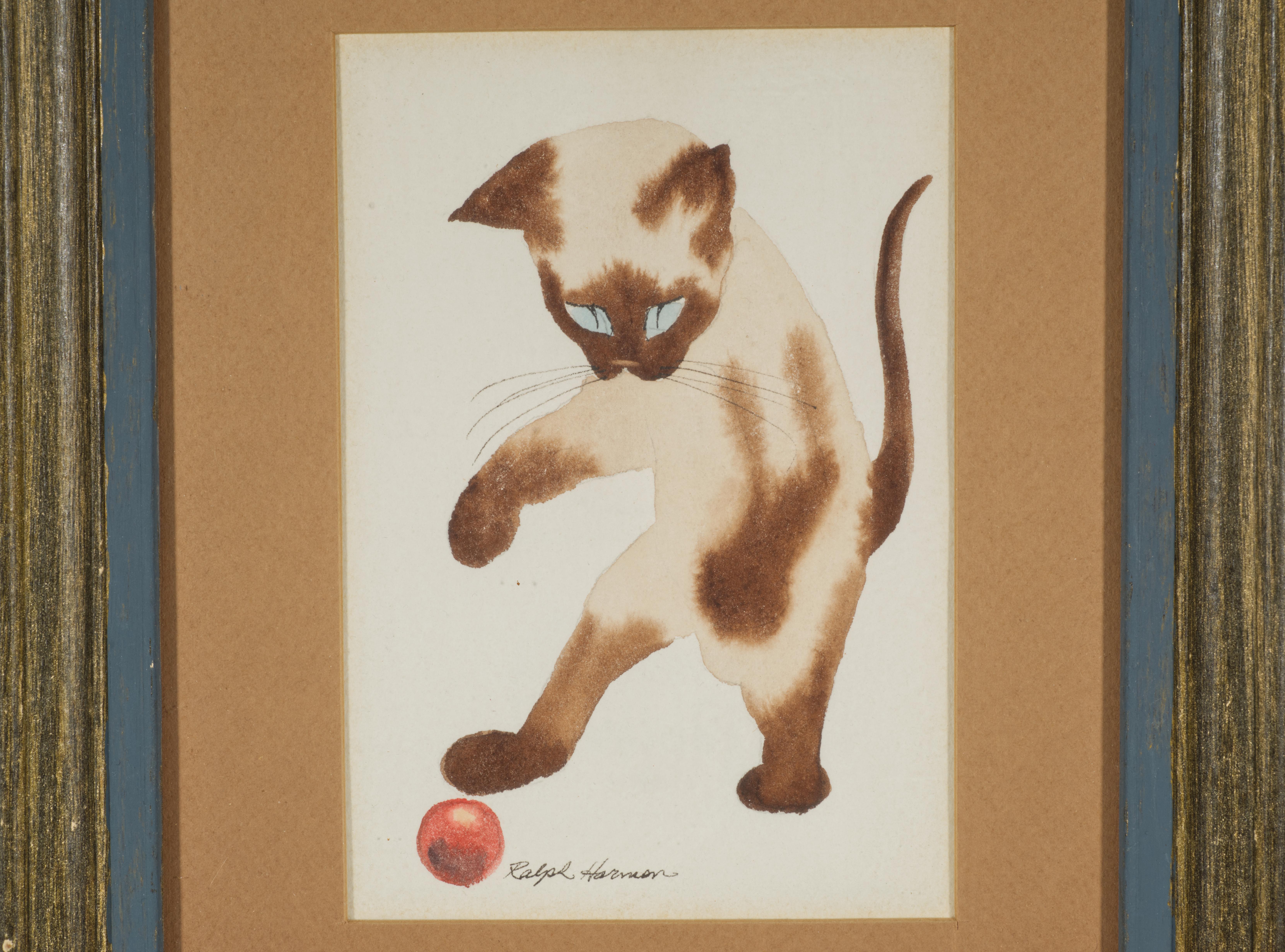 Mid-Century Modern Ralph Harmon Watercolor Painting Playing Siamese Cat Kitten, Framed