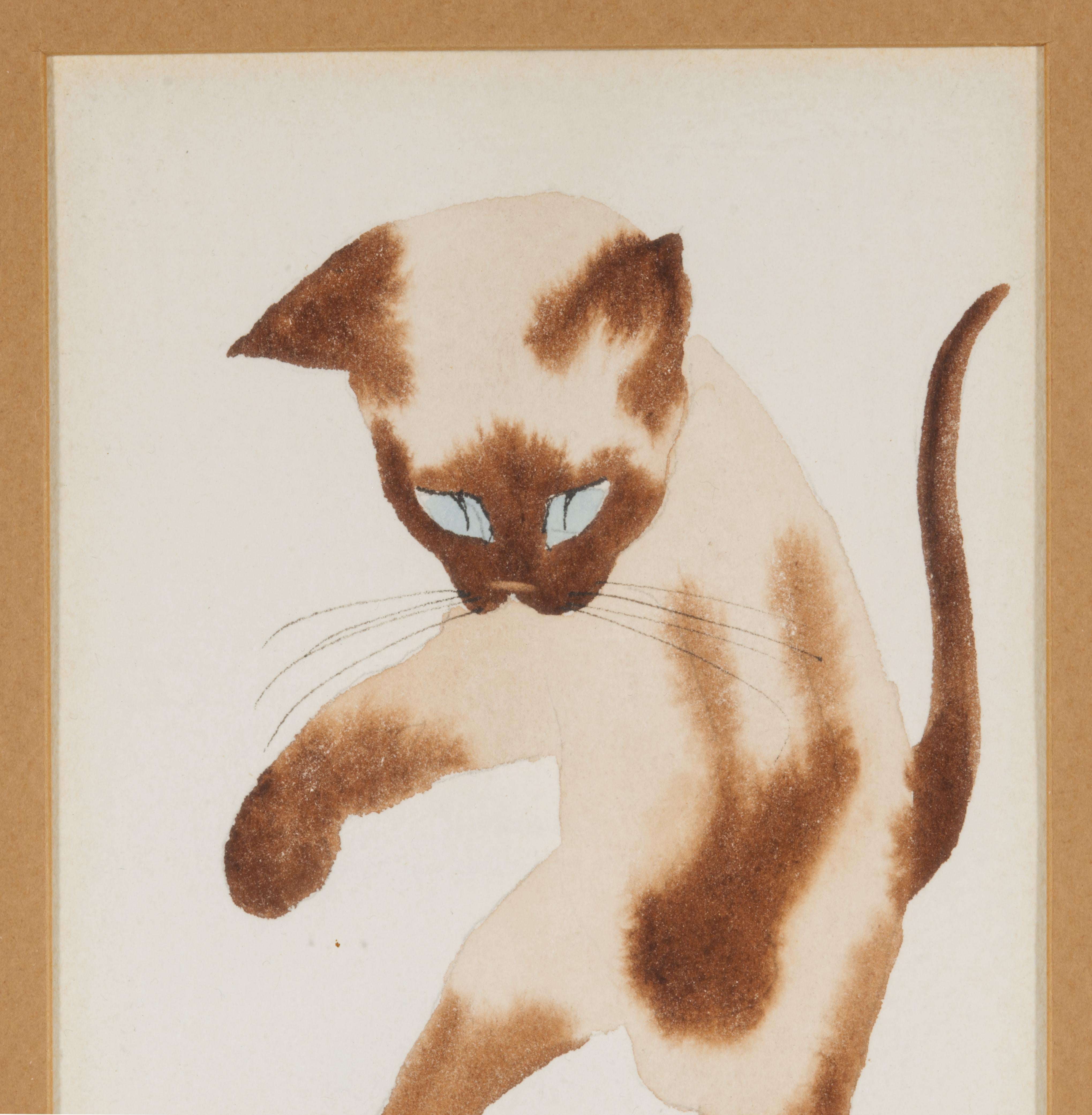 American Ralph Harmon Watercolor Painting Playing Siamese Cat Kitten, Framed
