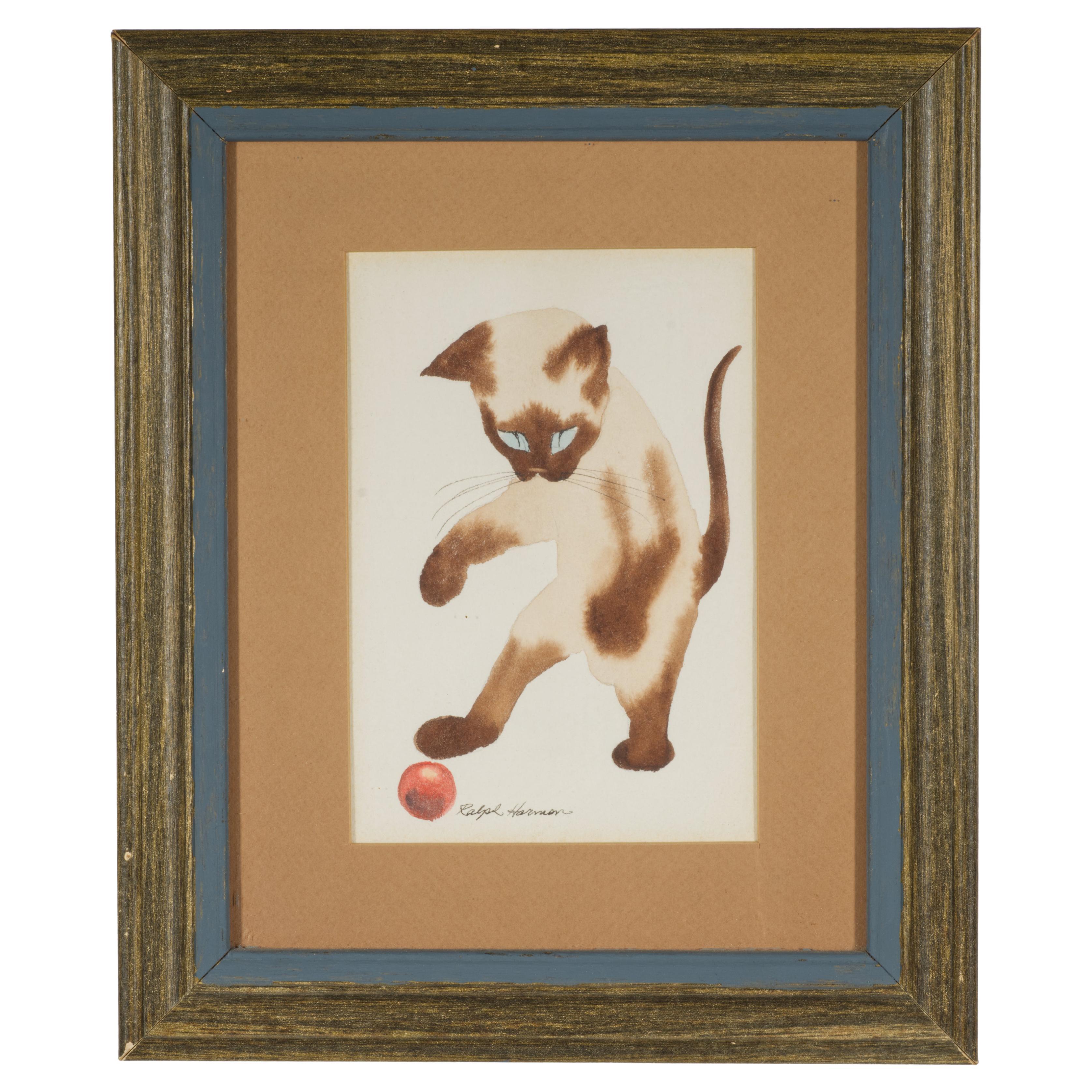 Ralph Harmon Watercolor Painting Playing Siamese Cat Kitten, Framed