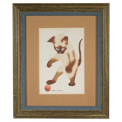 Vintage Ralph Harmon Watercolor Painting Playing Siamese Cat Kitten, Framed