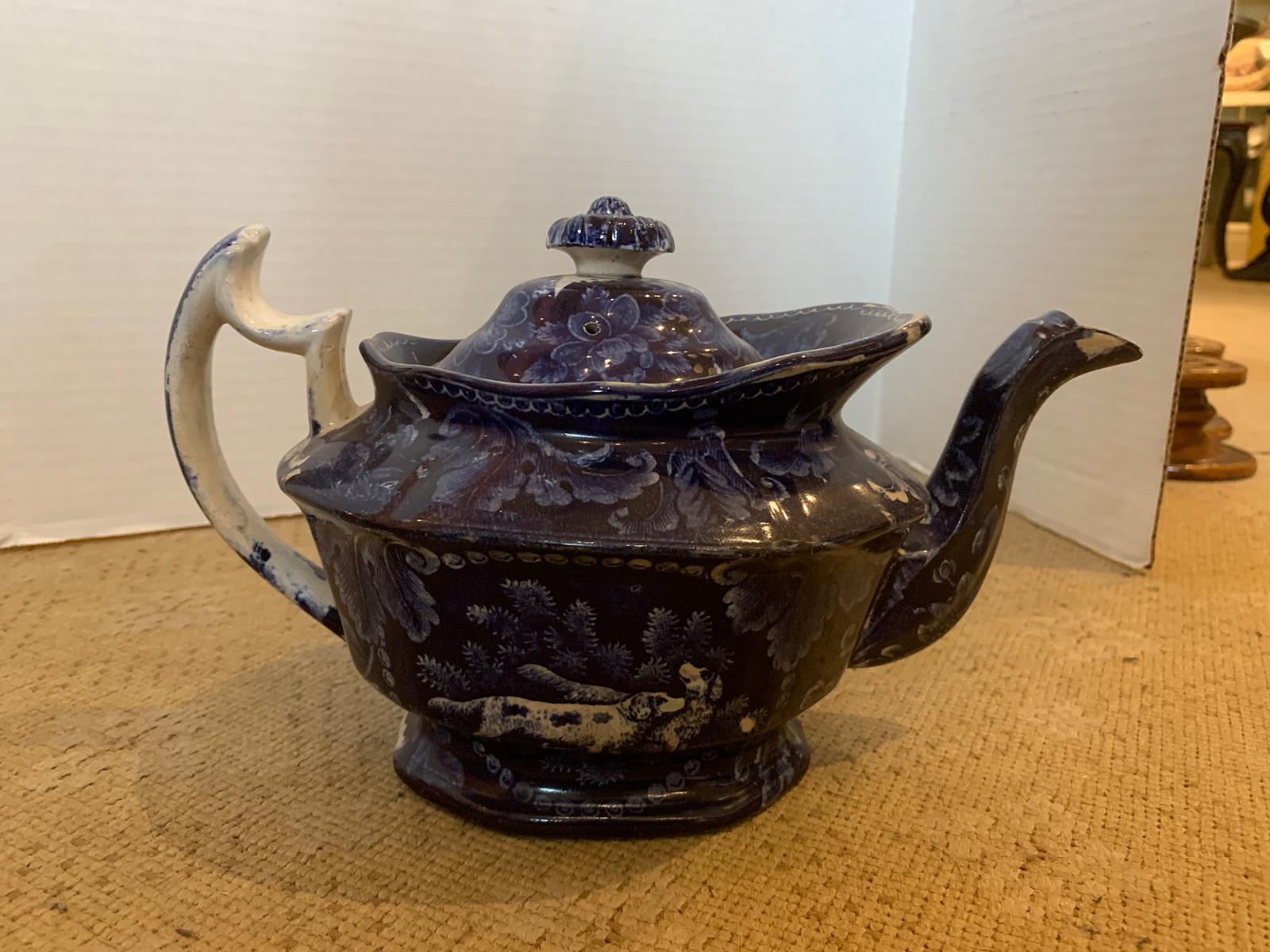 Glazed Ralph & James Clews Marked English Staffordshire Transferware Teapot, circa 1825 For Sale