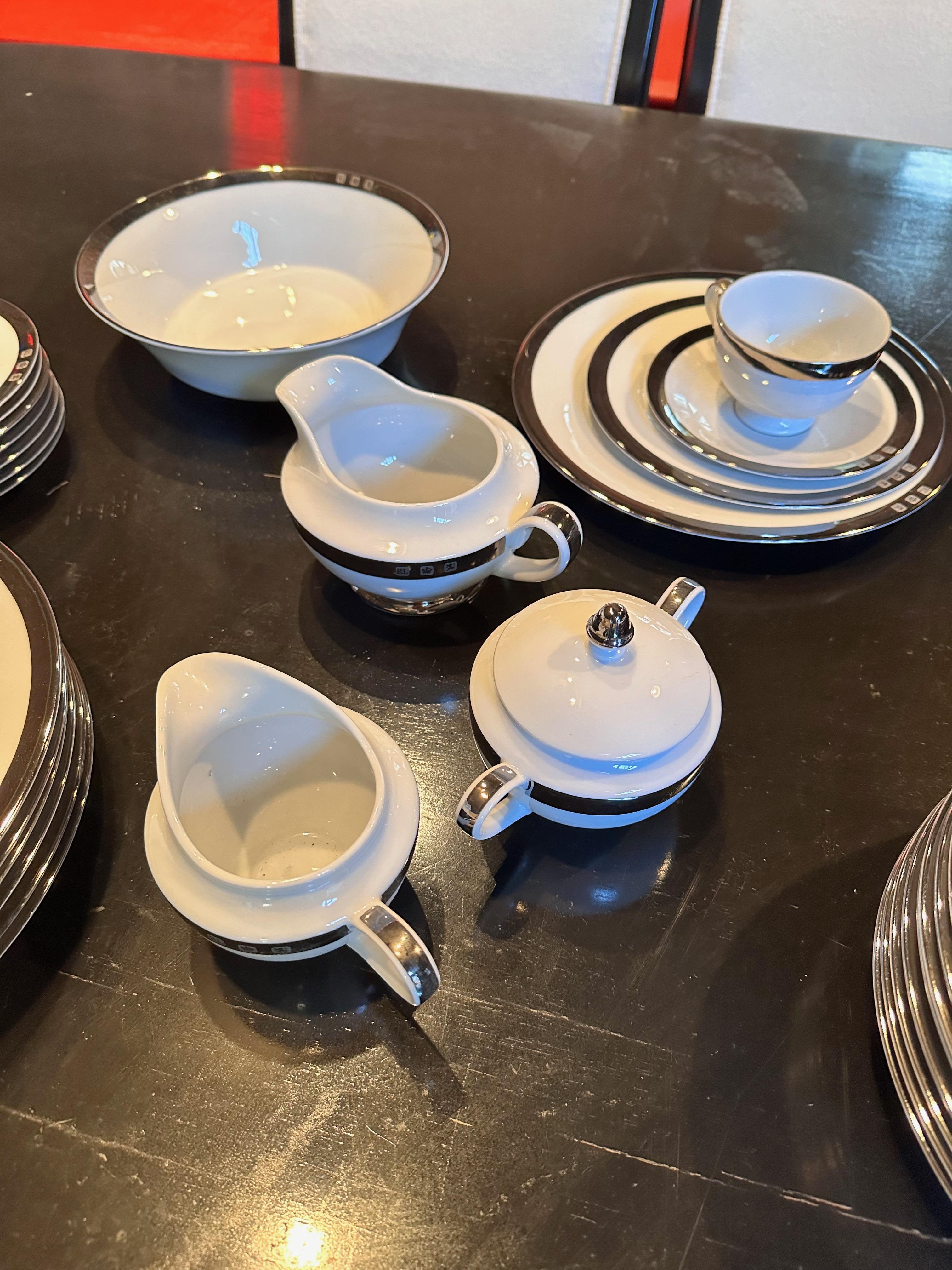 Porcelain Ralph Laurel Academy Platinum Dinner Service for Eight with Many Serving Pieces For Sale