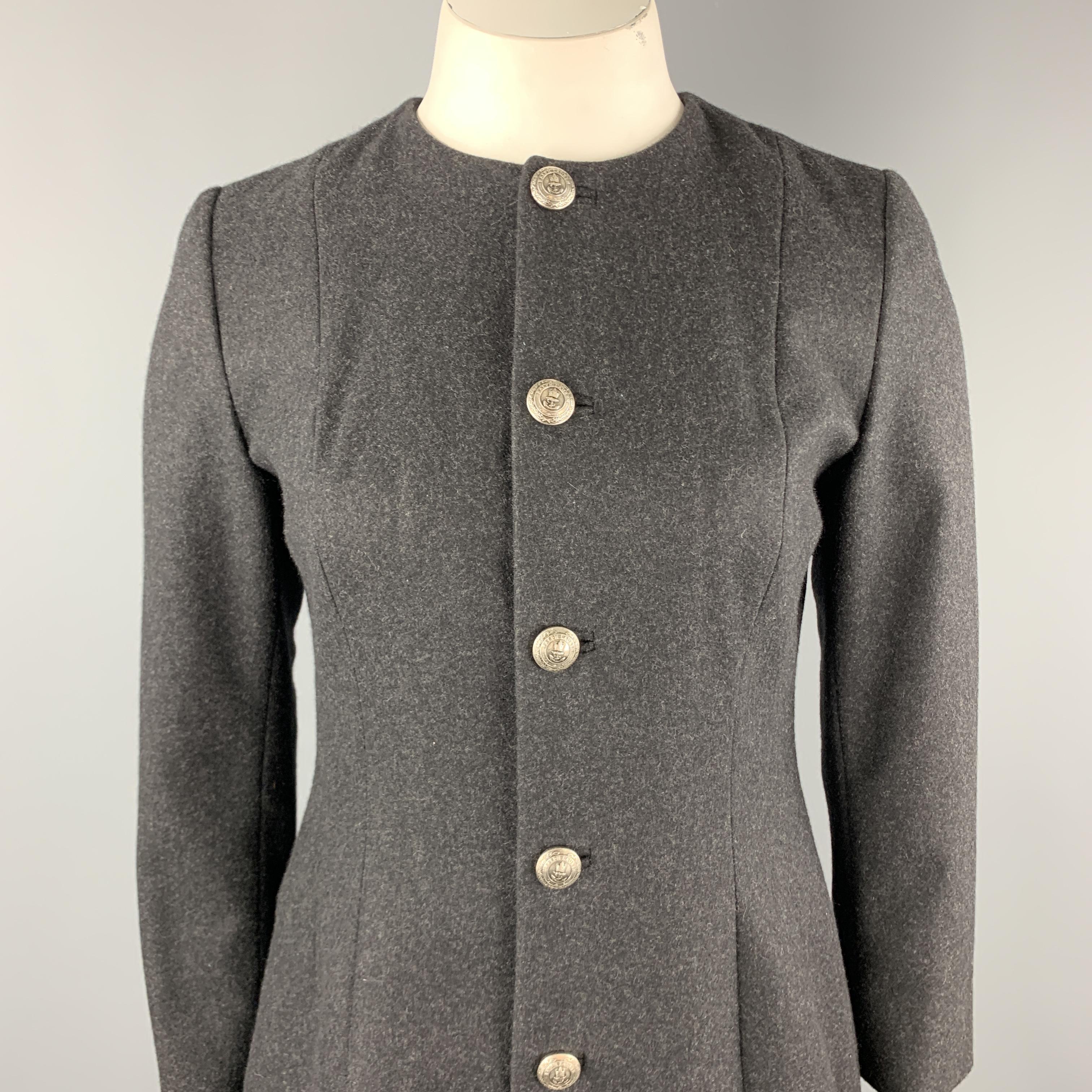 RALPH LAUREN BLACK LABEL coat comes in charcoal heathered gray merino wool blend with a round neckline, single breasted front with silver tone anchor buttons, and drop waist ruffle skirt hem line. Made in USA.

Excellent Pre-Owned Condition.
Marked: