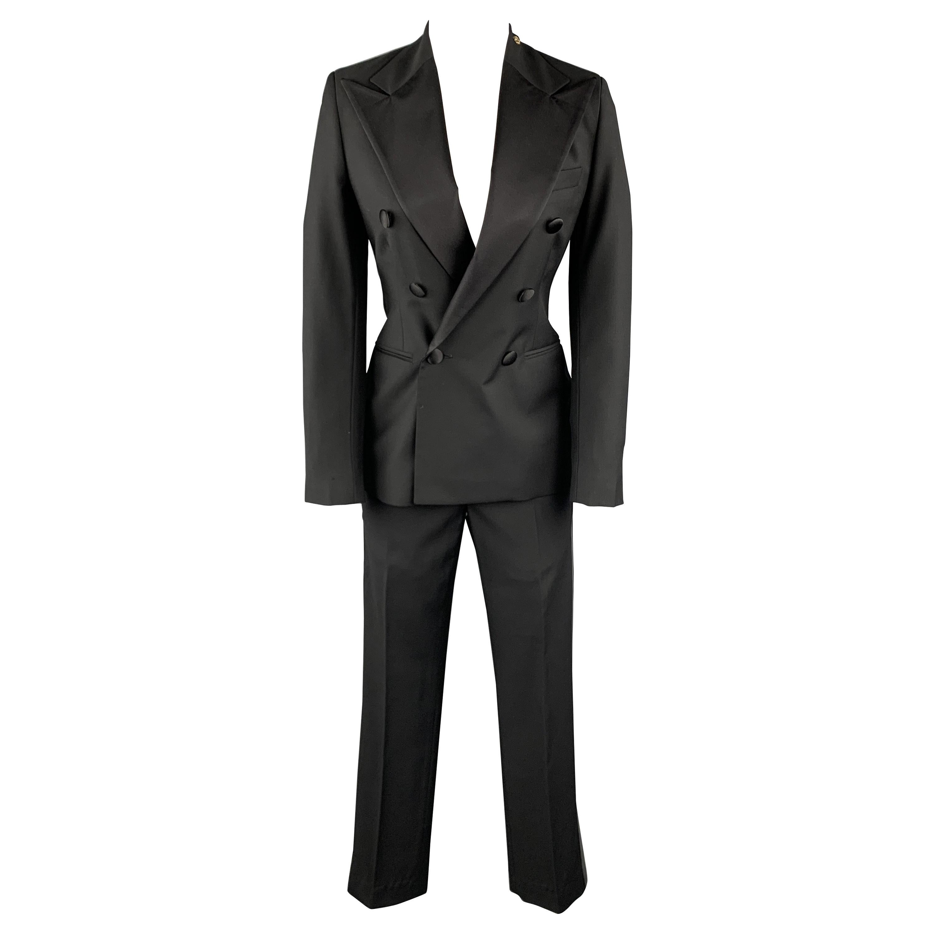 RALPH LAUREN 2 Black Wool Satin Peak Lapel Double Breasted Pants Suit Tuxedo