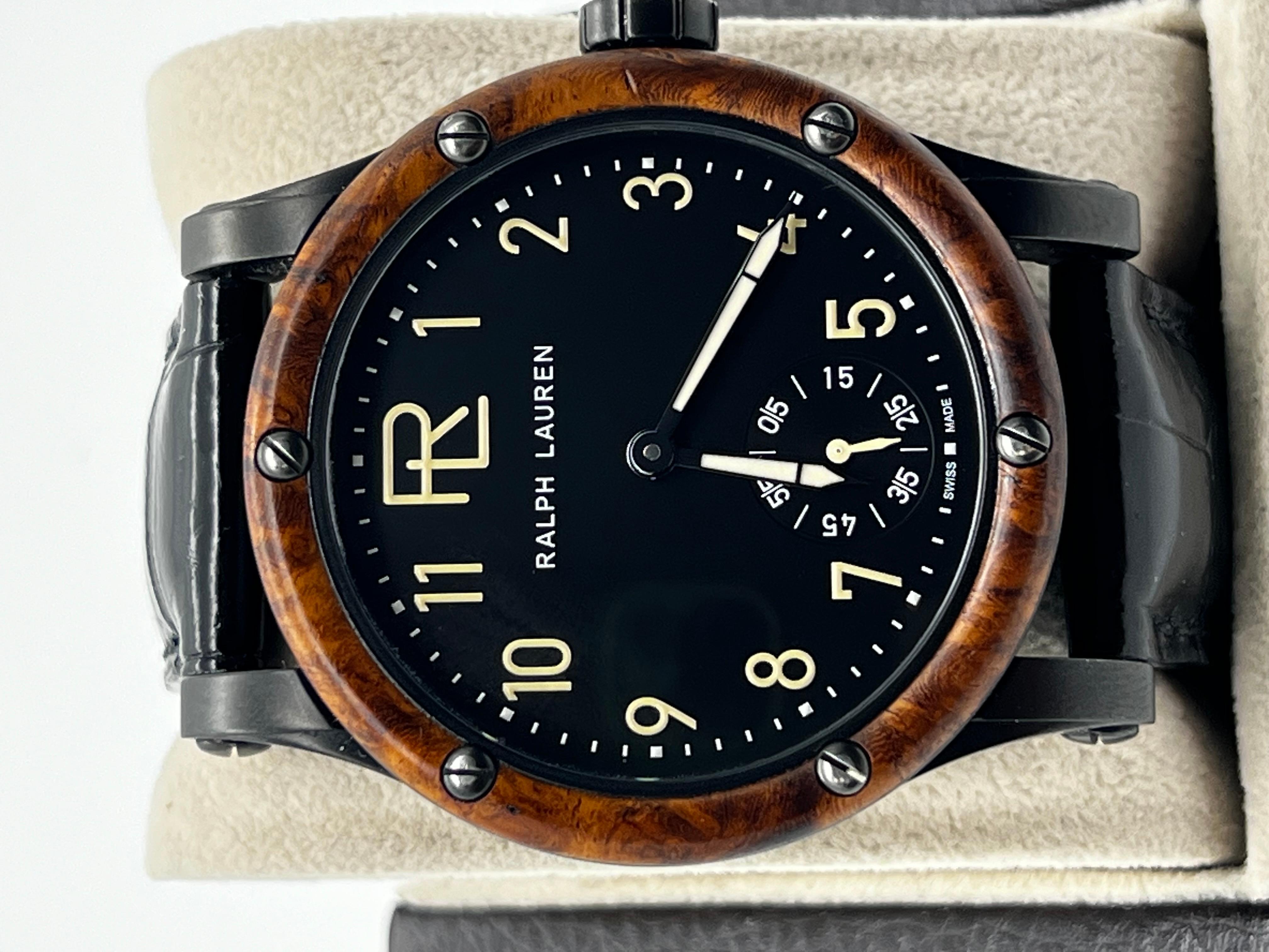 Ralph Lauren 359403 Automotive Collection 39mm Black Stainless Burl Wood In Excellent Condition In San Diego, CA