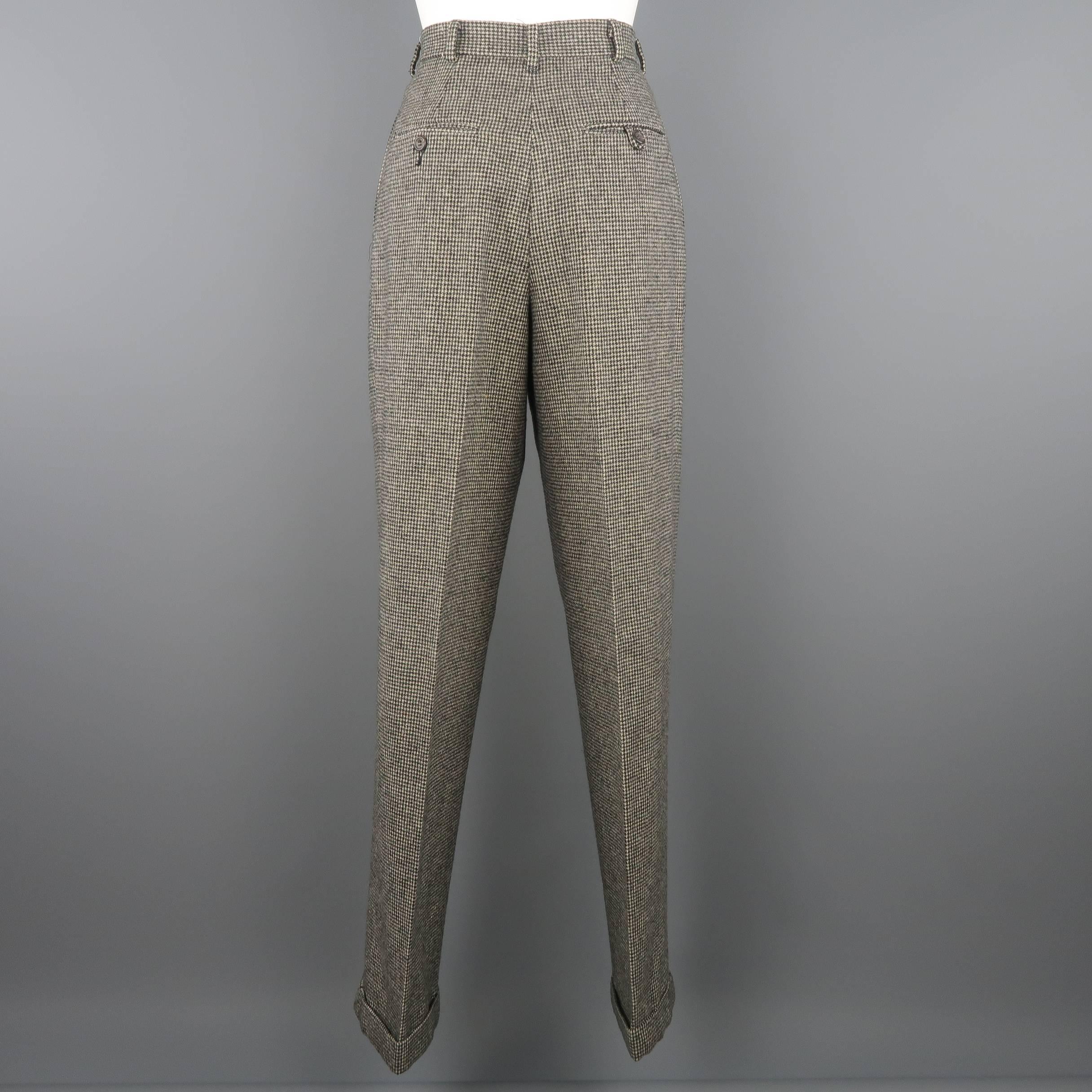 RALPH LAUREN 8 Black & Beige Houndstooth High Rise Pleated Wool Dress Pants In Excellent Condition In San Francisco, CA