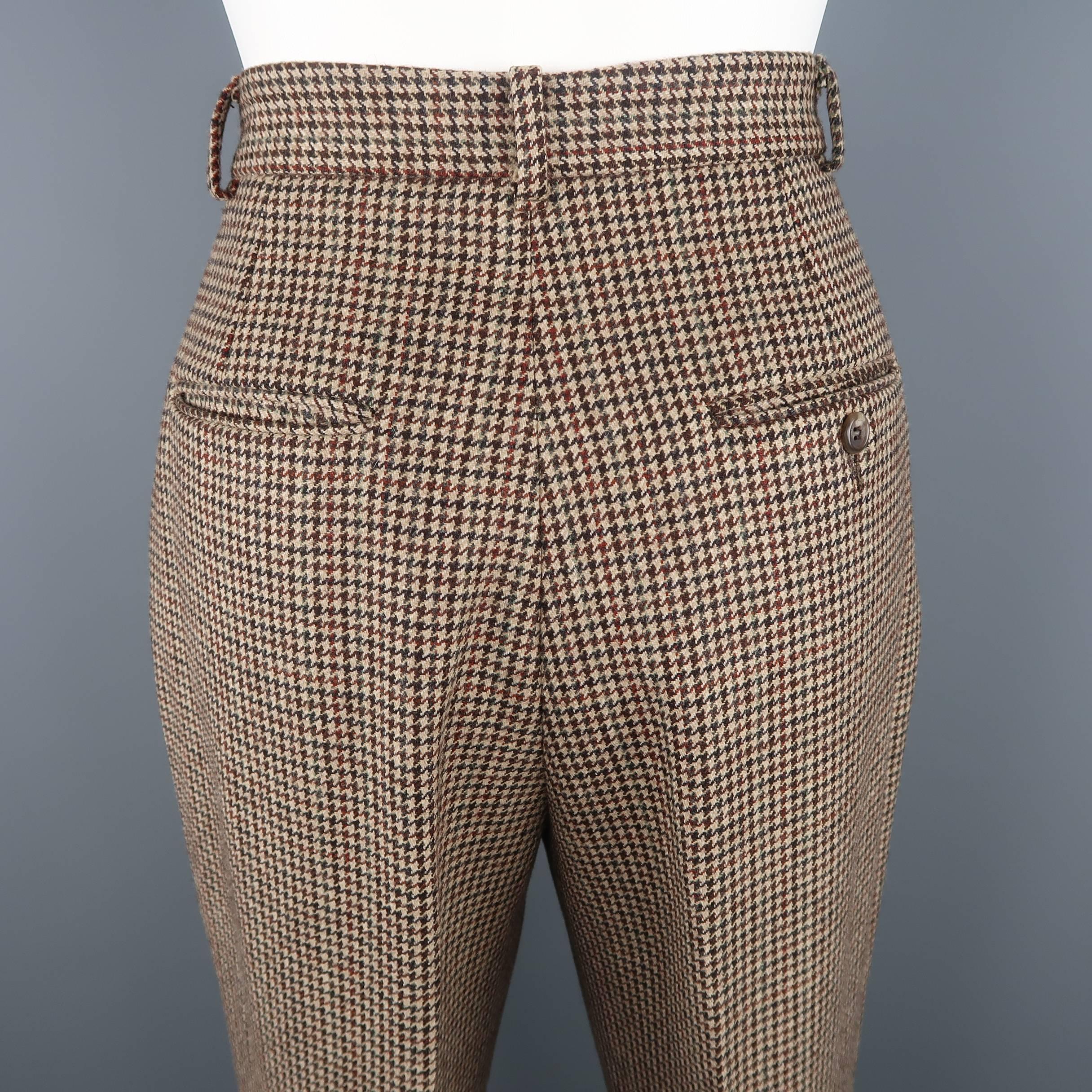 RALPH LAUREN Size 8 Brown Houndstooth High Rise Pleated Wool Dress Pants In Excellent Condition In San Francisco, CA