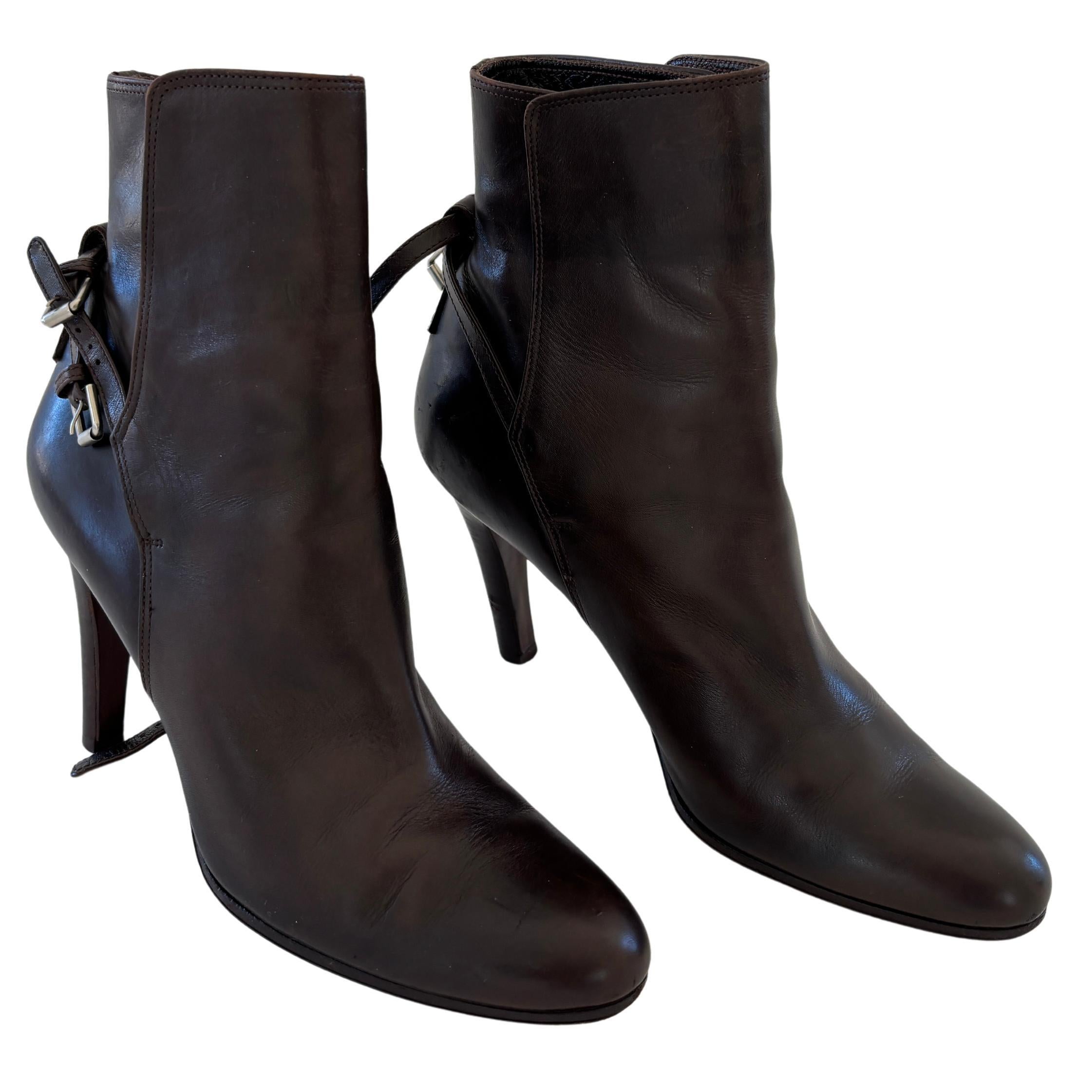 Black Ralph Lauren Ankle Boots Brown Calfskin RL Purple Collection Sz 9 US For Sale