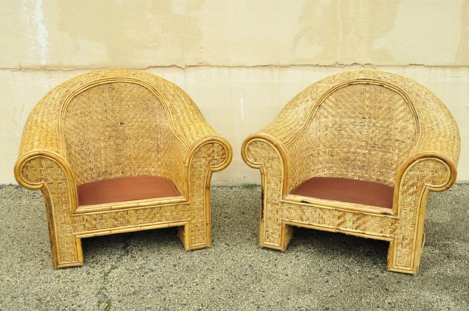 Ralph Lauren Attr. Large Woven Wicker Rattan Club Lounge Chairs - a Pair For Sale 5