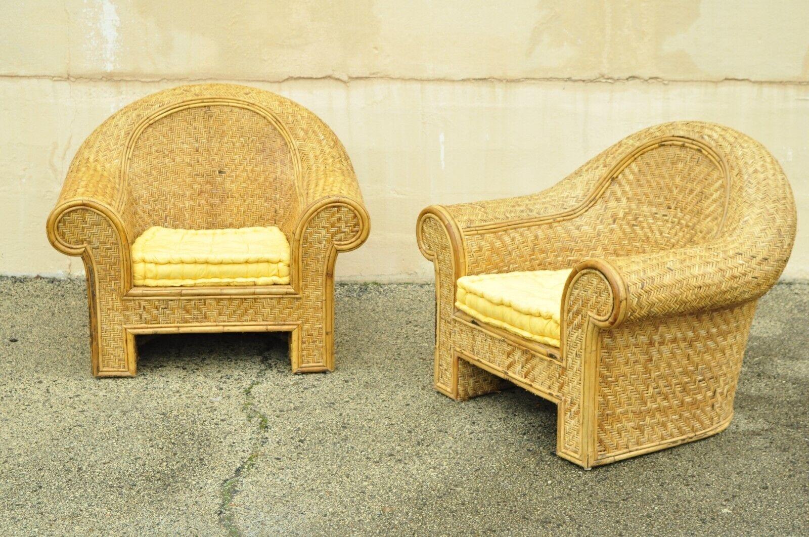 Ralph Lauren Attributed Large Woven Wicker Rattan Club Lounge Chairs - a Pair. Item featured is alLarge impressive size, sleek sculptural rattan/wicker form, loose cushions (later added and not original), quality vintage lounge chairs. Believed to