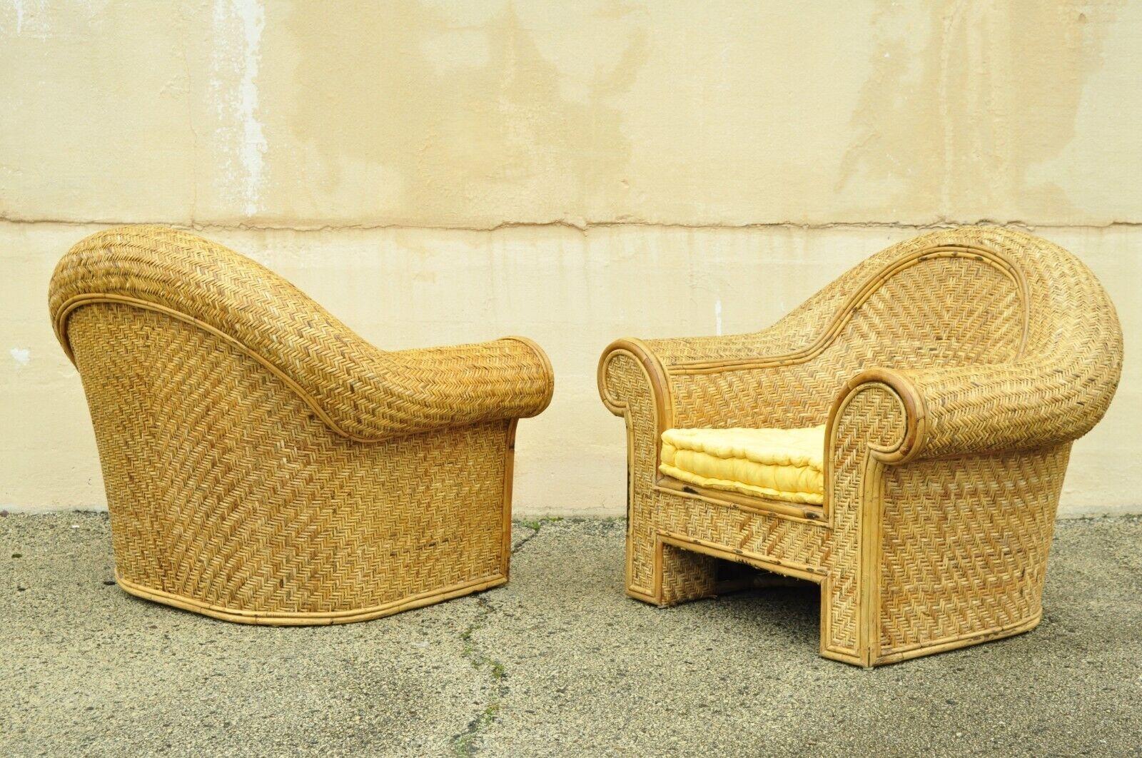 Hollywood Regency Ralph Lauren Attr. Large Woven Wicker Rattan Club Lounge Chairs - a Pair For Sale