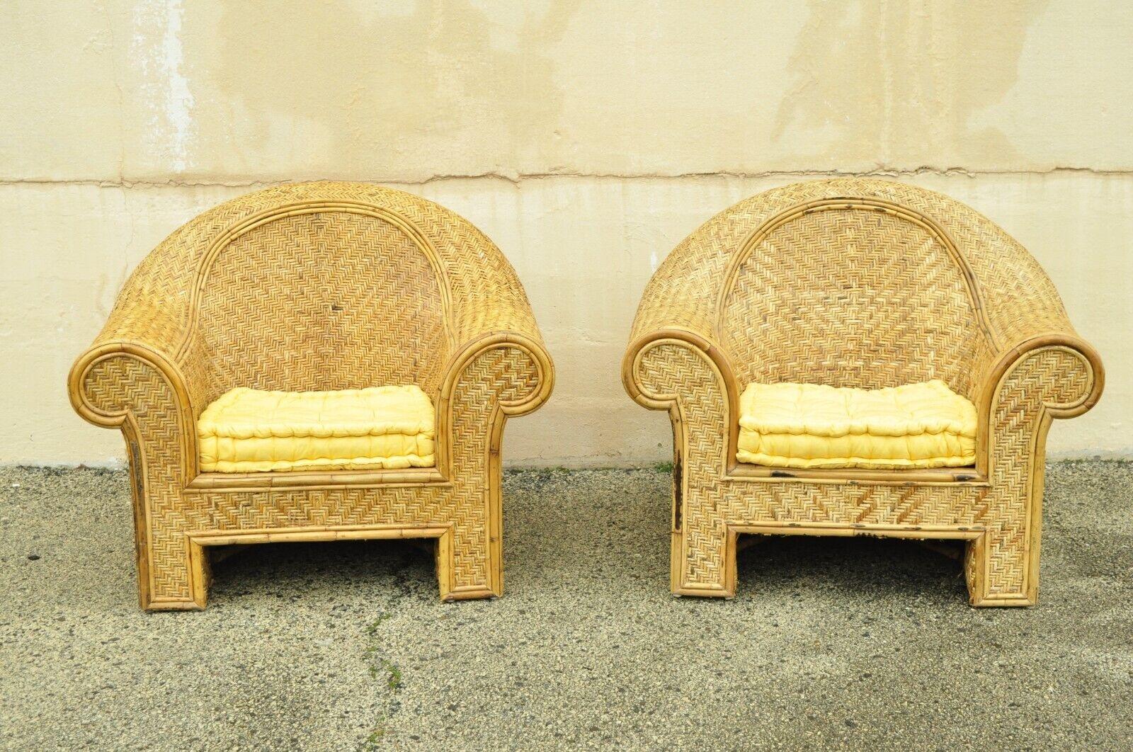 Ralph Lauren Attr. Large Woven Wicker Rattan Club Lounge Chairs - a Pair In Good Condition For Sale In Philadelphia, PA