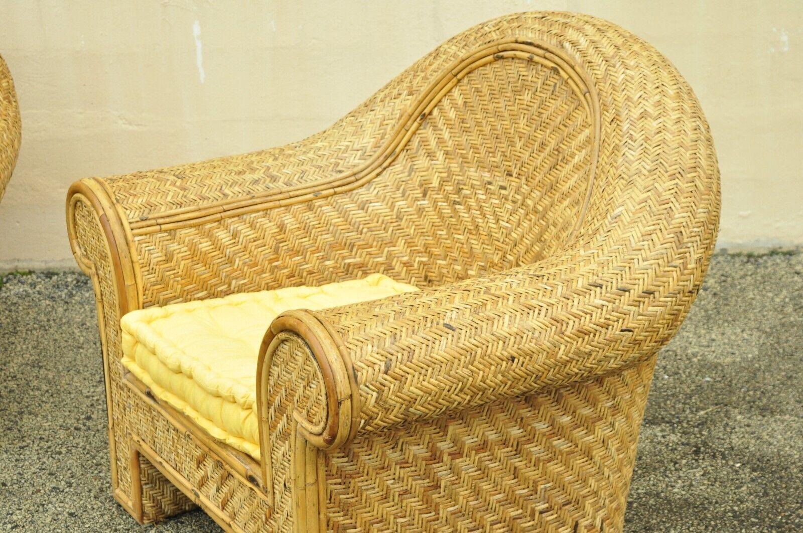 20th Century Ralph Lauren Attr. Large Woven Wicker Rattan Club Lounge Chairs - a Pair For Sale