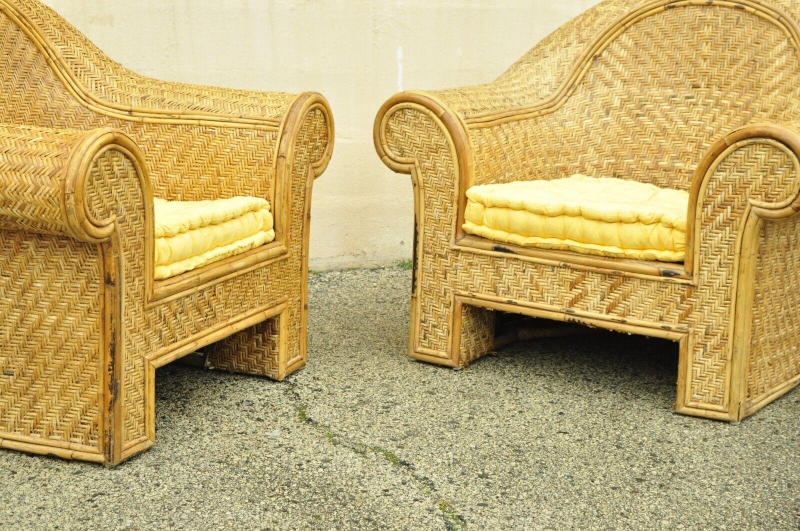 Ralph Lauren Attr. Large Woven Wicker Rattan Club Lounge Chairs - a Pair For Sale 1