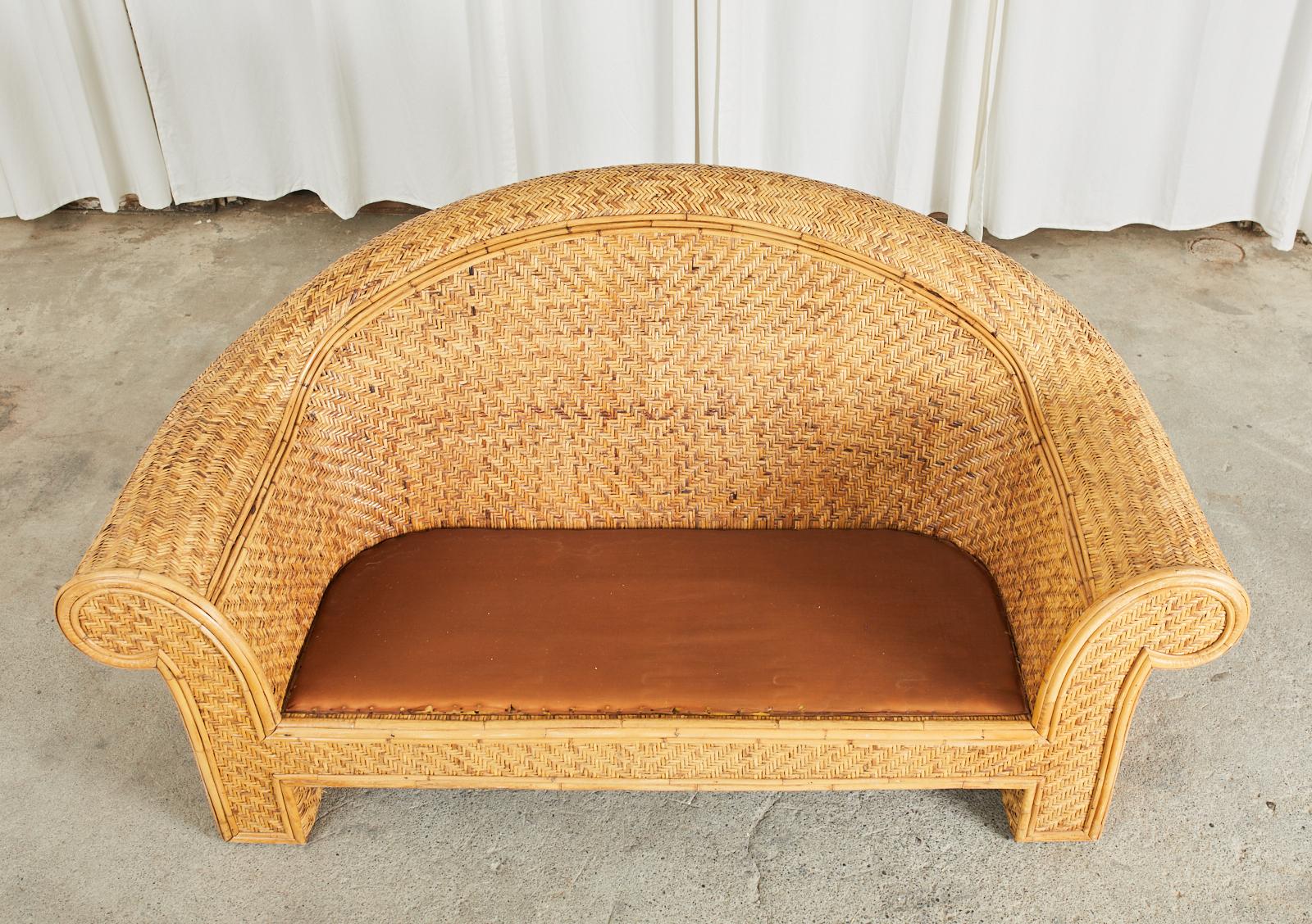 Ralph Lauren Attributed Woven Rattan Bamboo Sofa Settee In Good Condition For Sale In Rio Vista, CA