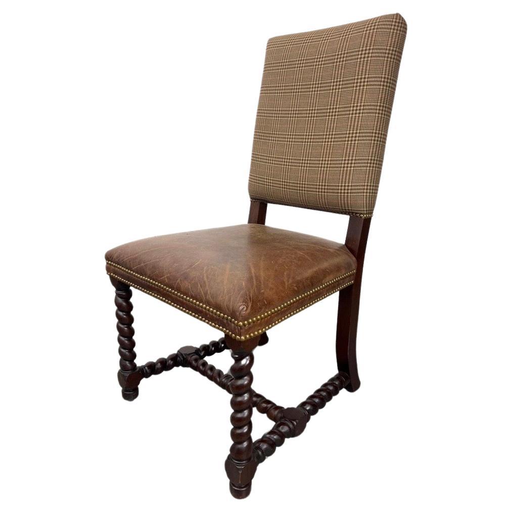 Set of six handsome Barley Twist wood carved dining chairs by Ralph Lauren for Beacon Hill Fine Furniture.  This classic set of dining side chairs feature aged saddle brown leather seats, traditional plaid upholstery, and aged brass nail heads. 