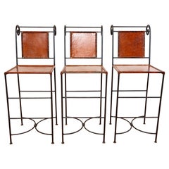 Tabourets de bar néoclassiques Ralph Lauren en cuir brun clair et fer forgé