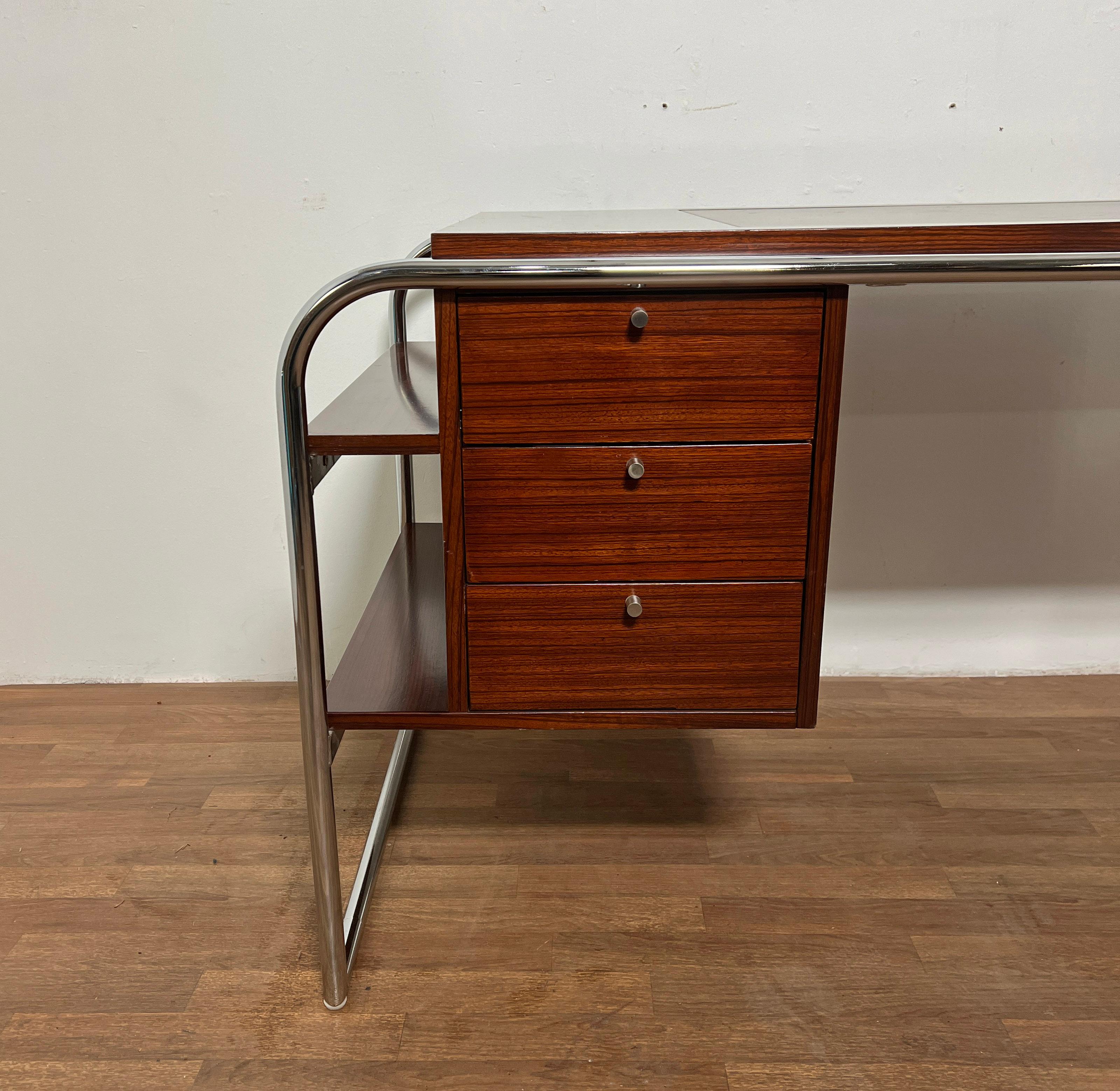 Chinese Ralph Lauren Bauhaus Inspired Desk in Rosewood, Chrome and Leather For Sale