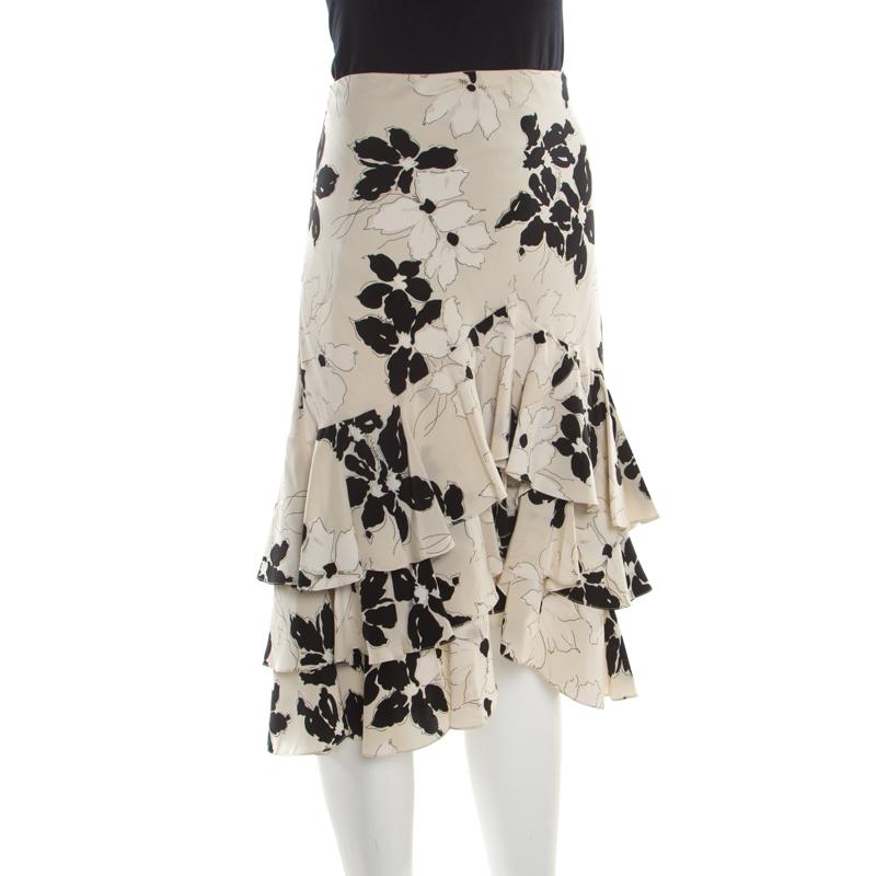 Ralph Lauren Beige and Black Floral Printed Silk Ruffled Skirt L In Good Condition In Dubai, Al Qouz 2