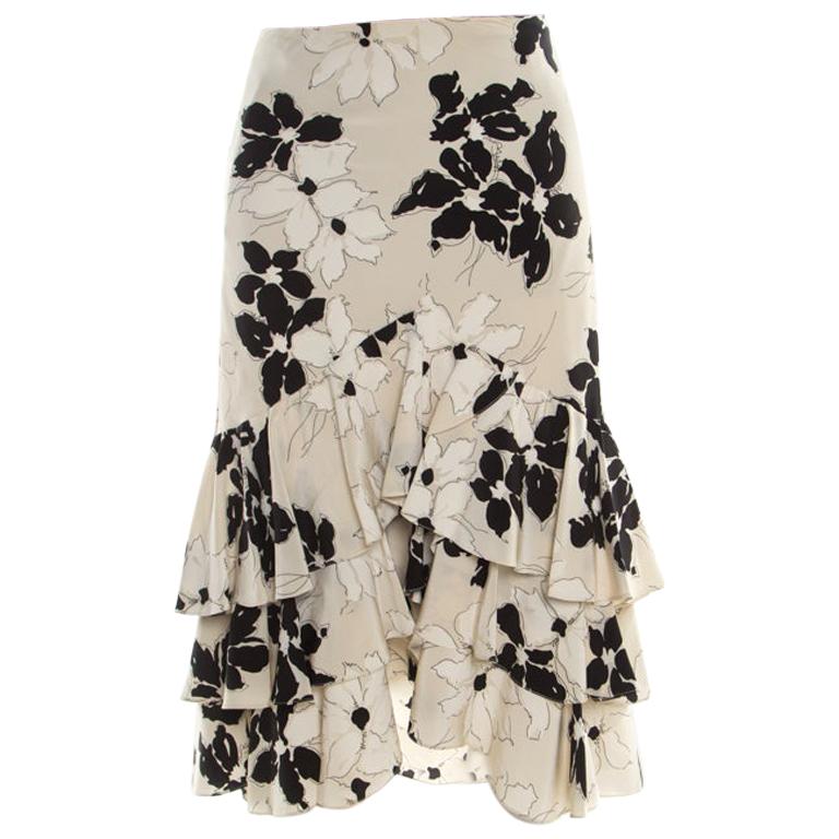 Ralph Lauren Beige and Black Floral Printed Silk Ruffled Skirt L