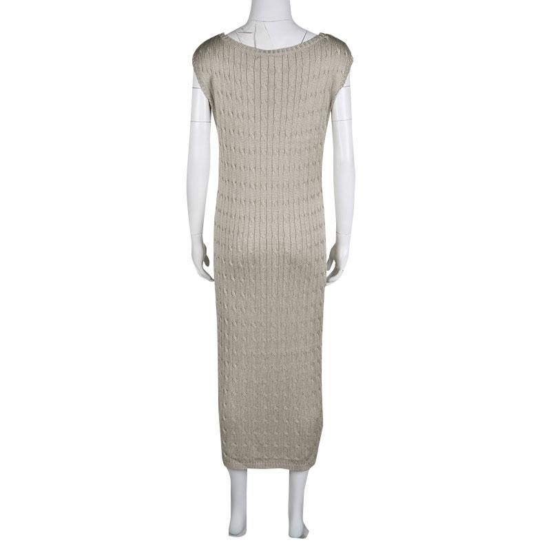 Combining style with sophistication, this midi dress from Ralph Lauren is perfect for modern women. Knitted in silk, the piece is adorned with intricate cable patterns and subtle beige hue. It has trendy cap sleeves, boat neckline and a flawless