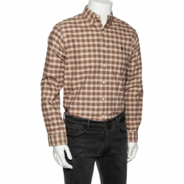 Ralph Lauren Camisa de algodón a cuadros beige con botones delante M en venta 2