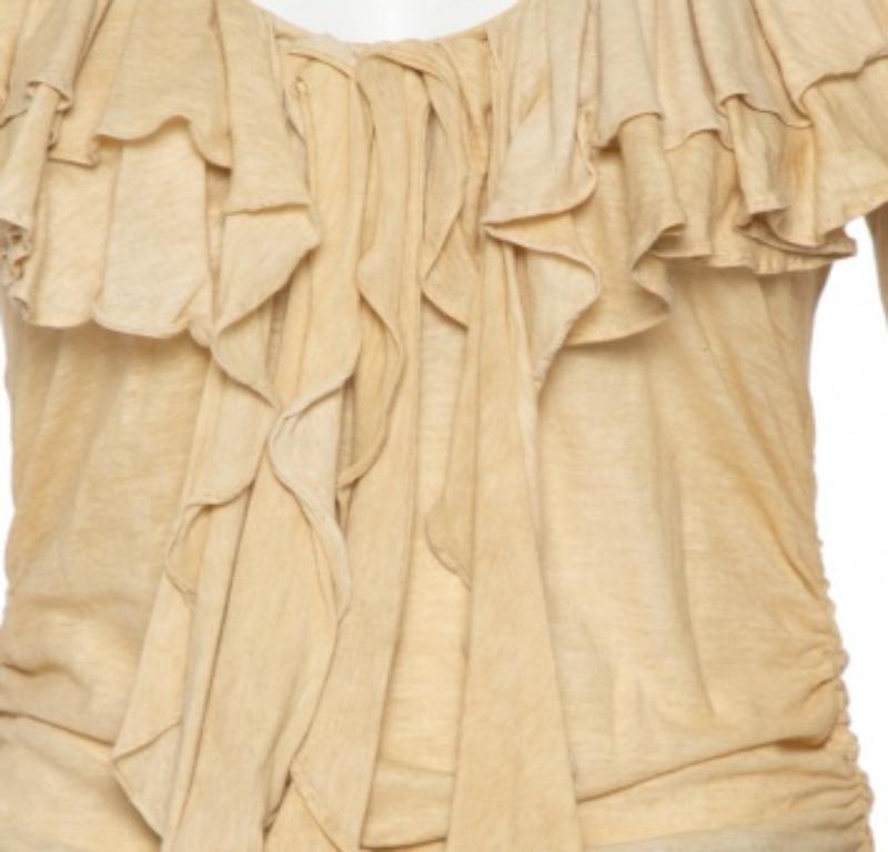 Ralph Lauren Beige Cool Dye Effect Cotton Knit Ruffle Detail Ruched Top S im Angebot 1