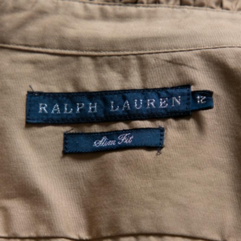 Women's Ralph Lauren Beige Cotton Ruffle Detail Button Front Top L For Sale